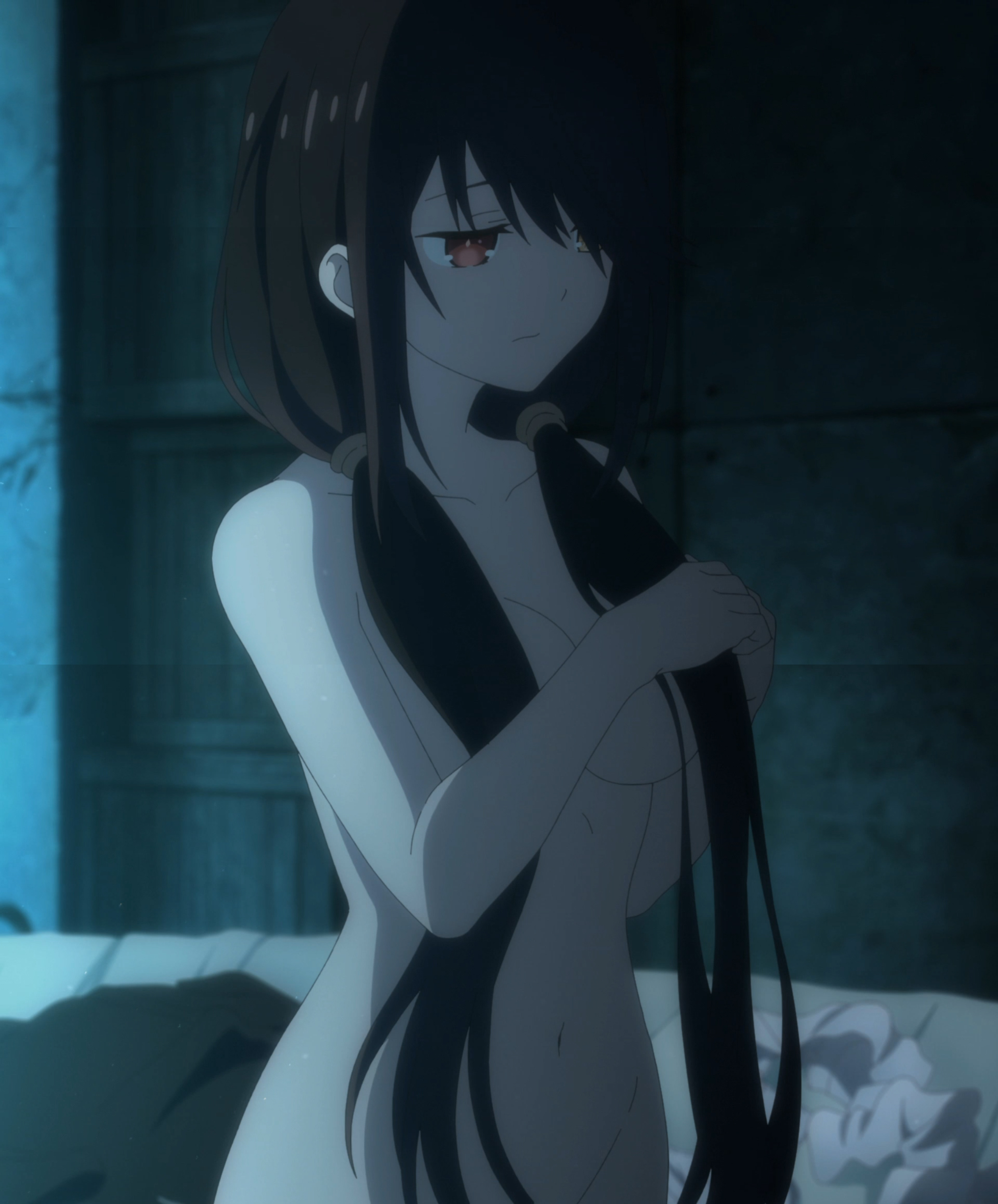 1girls, black hair, completely nude, date a live, female, indoors, light skin, light-skinned female, naked, nude, nude female, pale skin, pale-skinned female, solo, stitched, teenage female, teenager, tokisaki kurumi