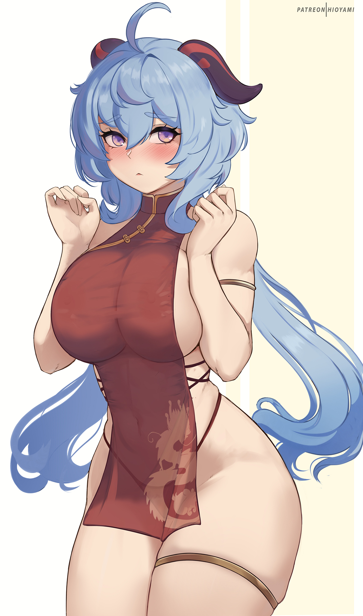 1girls, big breasts, black dress, black thong, blue hair, blush, bottomwear, breasts, chinese dress, dress, female, female only, ganyu (genshin impact), genshin impact, hair, hioyami, hips, horns, horny, huge breasts, light blue hair, purple eyes, short dress, solo, solo female, thick thighs, thigh strap, thighs, thong, wide hips