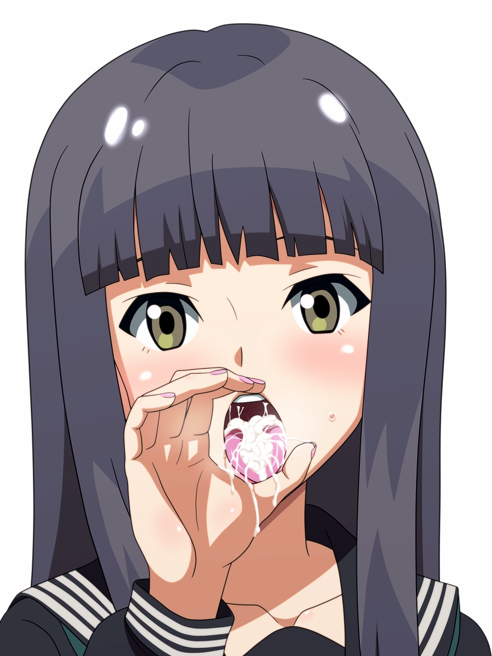 bangs black_hair cum cum_in_mouth drooling fellatio female green_eyes highres kh-fullhouse long_hair nail nanase_yoshino neltumo open_mouth oral saliva school_uniform serafuku tongue wake_up_girls!