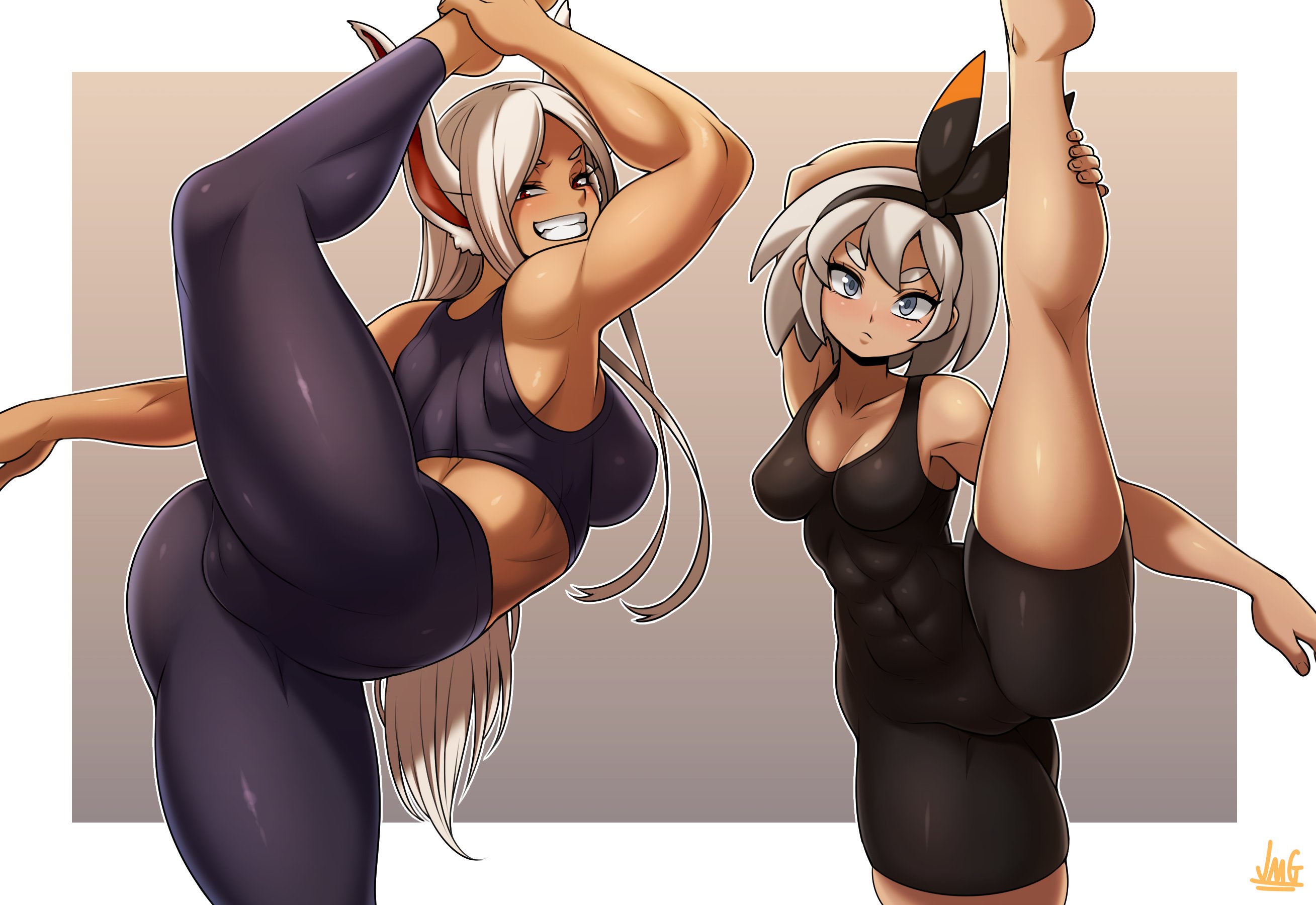 2girls, abs, ass, back, bare arms, bare shoulders, bea (pokemon), big ass, big breasts, big butt, blush, breasts, bunny ears, bunny girl, clothed, clothing, color, dark skin, dark-skinned female, exercise, female, female focus, female only, fit, fit female, game freak, grey eyes, grey hair, gym clothes, gym leader, hi res, jmg, large breasts, legs up, long hair, looking at viewer, looking back, miruko, multiple females, multiple girls, muscular, muscular female, my hero academia, nintendo, pokemon, pokemon ss, pokemon trainer, pussy, pussy visible through clothes, red eyes, rumi usagiyama, short hair, smile, solo female, tagme, thick thighs, white hair, workout