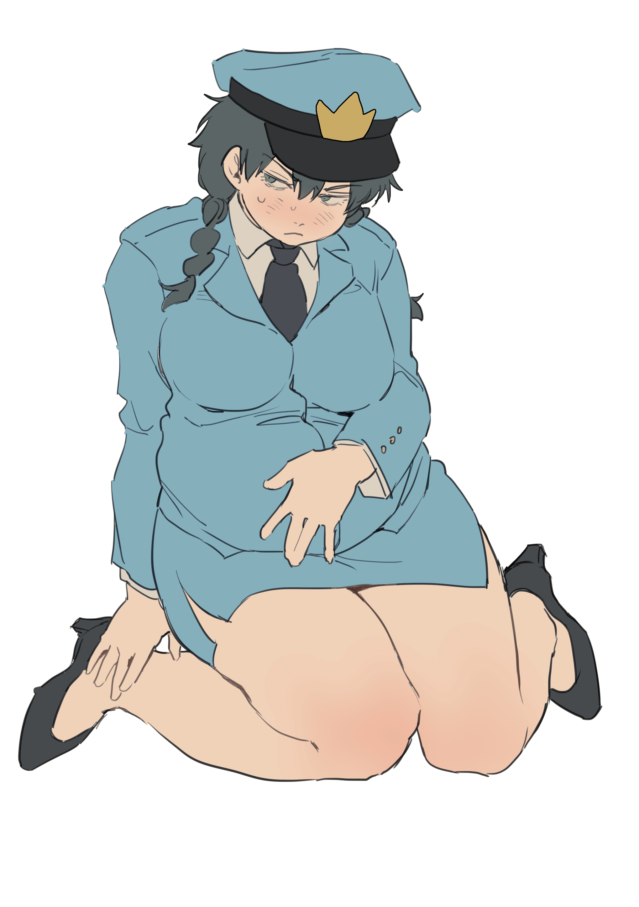 1girls, bbw, black hair, blush, braided hair, braids, canon genderswap, chubby, chubby female, dressed, embarrassed, fat, female, female only, fully clothed, genderswap, genderswap (mtf), gintama, high heels, hijikata tenko, hijikata toshiro, hsixxx, miniskirt, official alternate costume, overweight, overweight female, police hat, police officer, police uniform, policewoman, rule 63, sitting, solo, sweatdrop, thick thighs, twin braids, wariza, white background