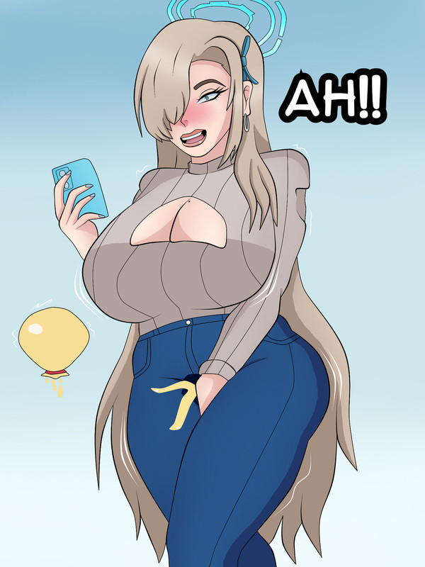 1girls asuna_(blue_archive) bladder_gauge blonde_hair blue_archive blue_eyes blueartfiend boob_window breasts casual huge_breasts jeans large_breasts millennium_science_school_student omorashi peeing peeing_self phone speech sweater tight_clothing tight_fit tight_pants wetting wetting_clothing