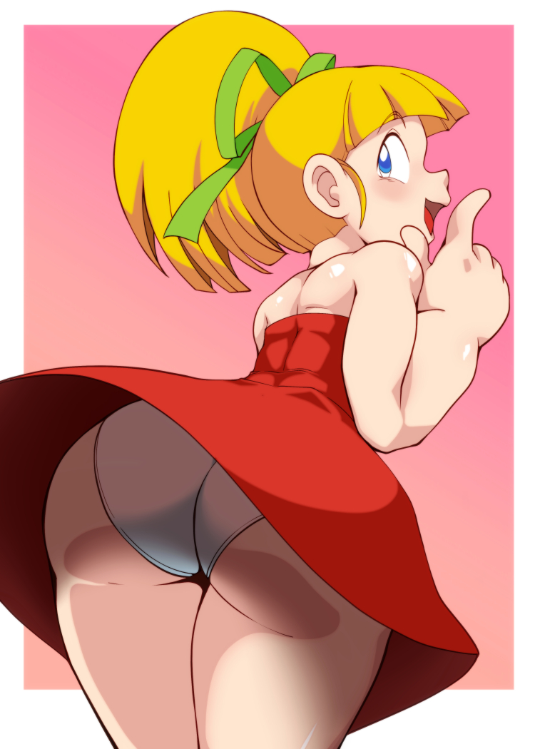 ass bare_arms bare_shoulders blonde_hair blue_eyes blunt_bangs border cowboy_shot dress female from_behind hair_ribbon huge_ass long_hair looking_back mega_man mega_man(classic) open_mouth panties pepipopo pink_background ponytail red_dress ribbon roll simple_background smile solo thick_thighs thighs underwear upskirt white_border white_panties wide_hips