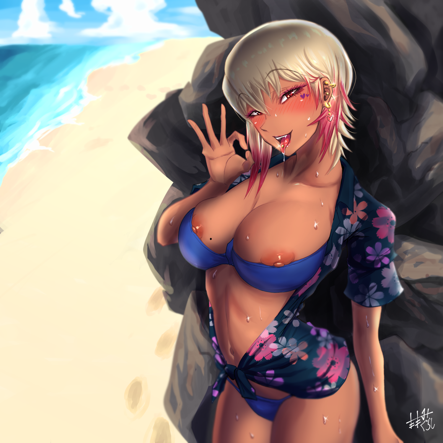 1:1 aspect ratio, beach, bikini, blonde hair, blue bikini, blush, breasts, cloud, earrings, eyebrows visible through hair, fellatio gesture, female, girls und panzer, gyaru, high resolution, jewelry, kogal, large breasts, looking at viewer, navel, nipple slip, nipples, nishizumi maho, ocean, open clothes, open mouth, open shirt, outdoors, piercing, red eyes, saliva, shiny, shiny hair, shirt, short hair, sky, smile, solo, sweat, swimsuit, tatami san tatami, teeth, tongue, tongue out, tongue piercing, upper teeth