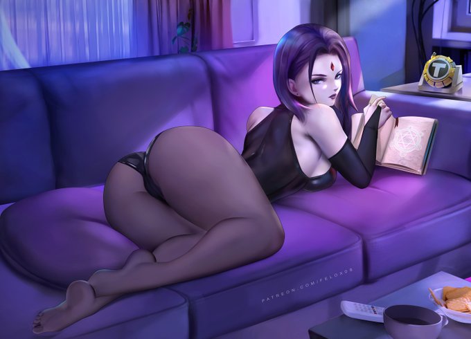 1girls, ass, ass focus, back, big ass, big breasts, big butt, book, breasts, clothed, clothing, dc, dc comics, feet, felox08, female, female focus, female only, leotard, looking at viewer, looking back, pale skin, purple eyes, purple hair, rachel roth, raven (dc), short hair, sideboob, sofa, solo, solo female, superheroine, teen titans, thick thighs, tight clothing