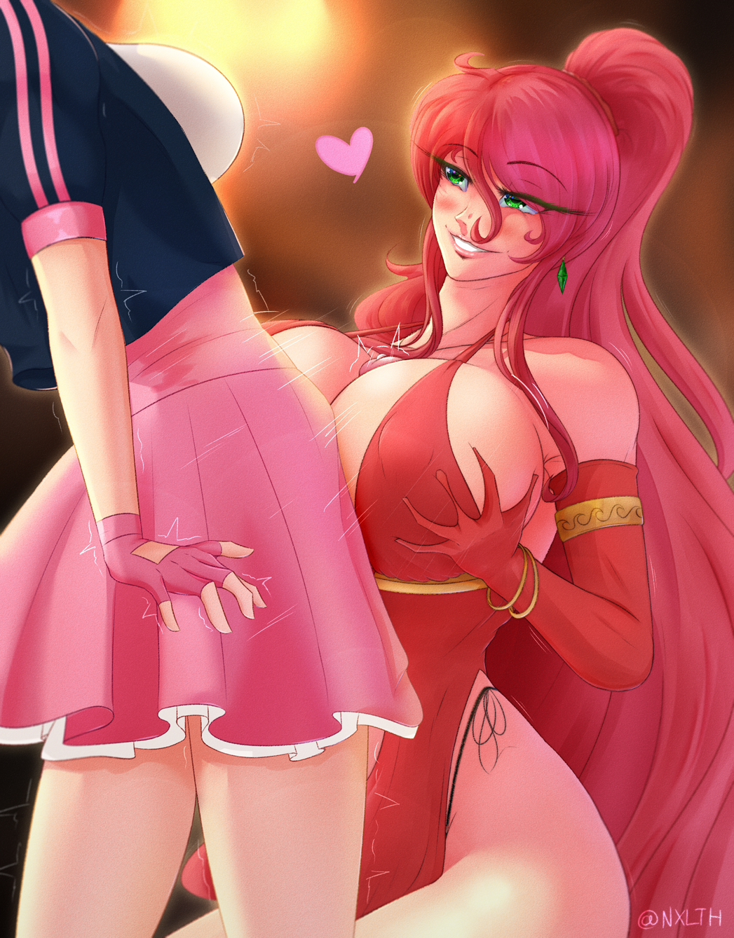 1futa, 1girls, big breasts, big penis, breasts, clothed, clothing, duo, elbow gloves, erection, female, futa on female, futanari, gloves, human, intersex, light skin, light-skinned female, light-skinned futa, long hair, mostly clothed, nora valkyrie, nxlth, paizuri, penis, pyrrha nikos, red hair, rwby, standing, titjob, xlthuathopec