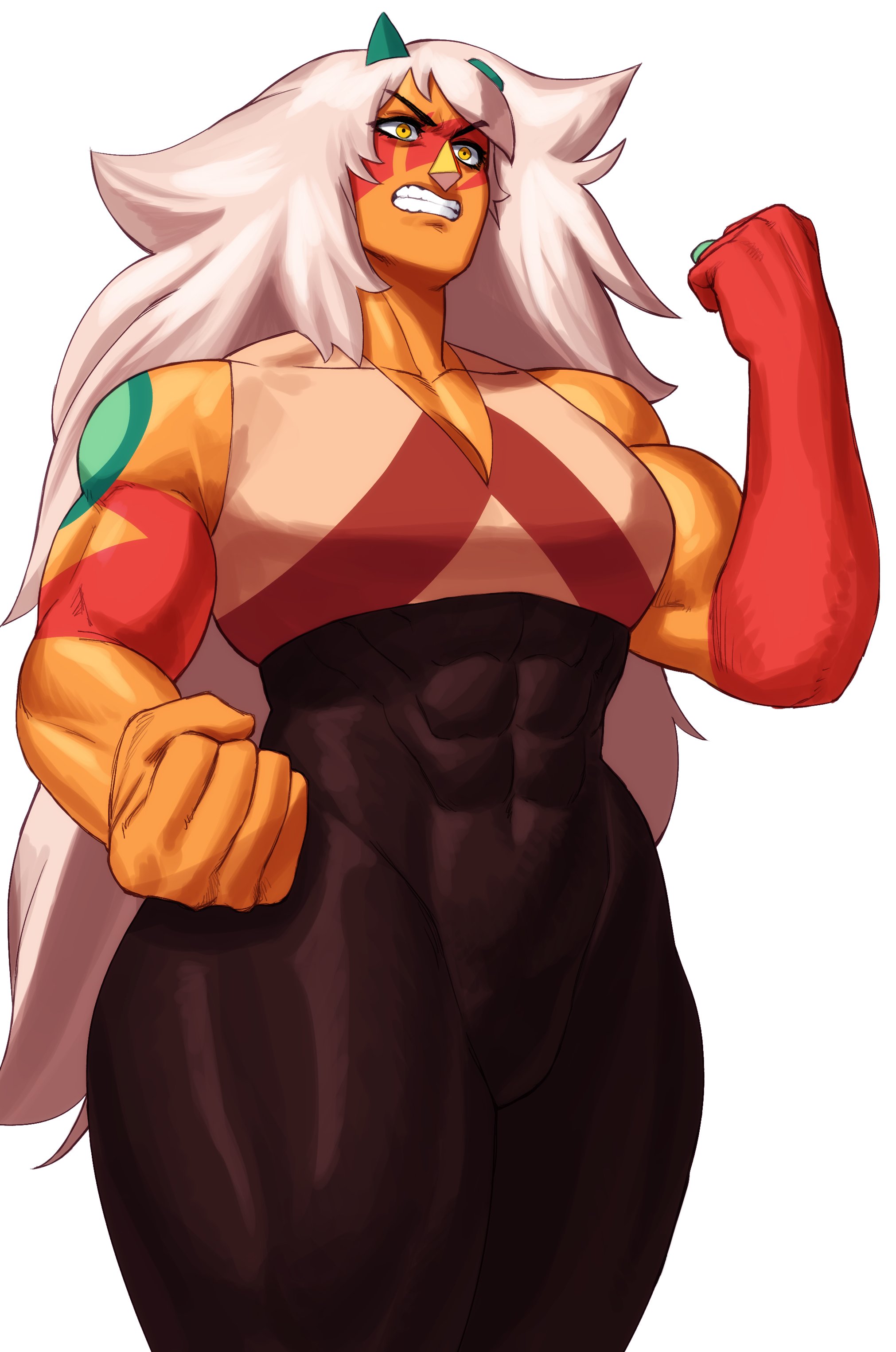 1girls, abs, cartoon network, female, female only, gem (species), jasper (steven universe), long hair, muscles, muscular, muscular female, muscular thighs, orange body, solo, sotcho, steven universe, teeth clenched, very high resolution, white background, white hair, yellow eyes