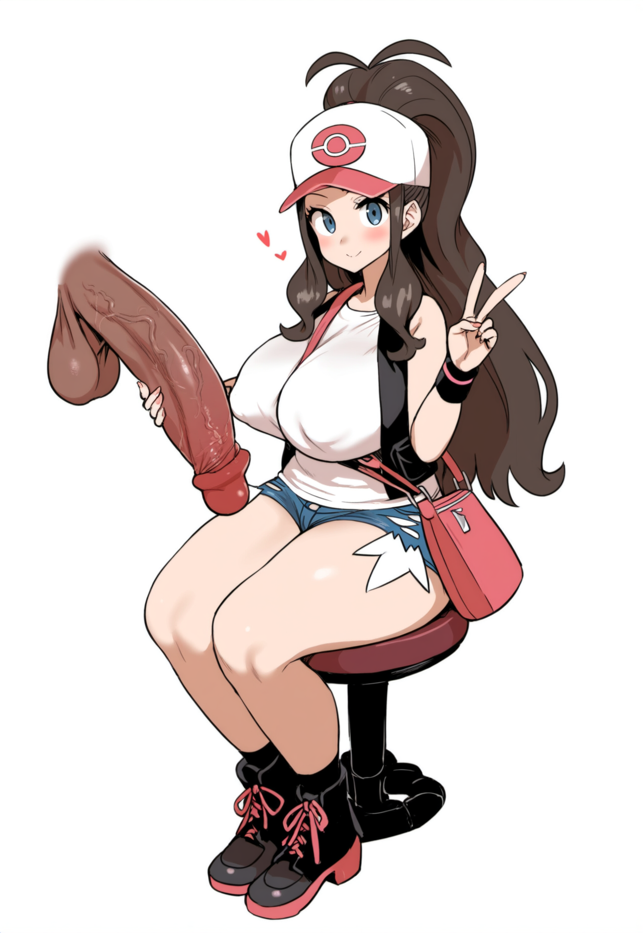 1boy, 1girls, ai generated, balls, big dick, big penis, breasts, dark skin, dark-skinned male, female, hand on penis, hilda (pokemon), hourglass figure, huge balls, huge breasts, huge cock, large balls, large breasts, large penis, long penis, looking at viewer, male, male/female, massive penis, peace sign, penis, pokemon, solo focus, testicles, thick thighs, thighs, v, yamatoai