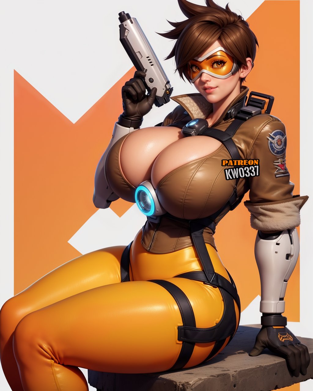 ai generated, ass, big ass, big breasts, big butt, bimbo, blizzard entertainment, breasts, brown hair, brunette, female, hourglass figure, huge breasts, kw0337, overwatch, overwatch 2, thick thighs, tracer, venus body, voluptuous, voluptuous female, white female, wide hips