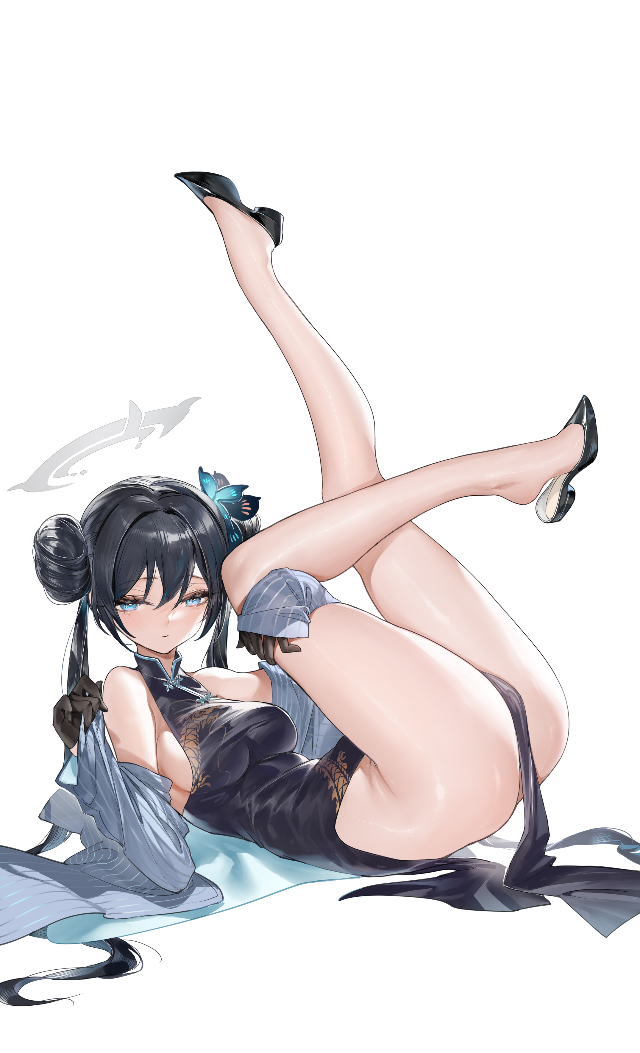 1girls, alternate ass size, alternate body type, ass, blue archive, bottomless, breasts, china dress, chinese clothes, double bun, feet up, female, genryumon (blue archive), gloves, hair bun, horz, huge ass, kisaki (blue archive), large breasts, looking at viewer, lying on back, no panties, shanhaijing secondary school student, student council president, thick thighs