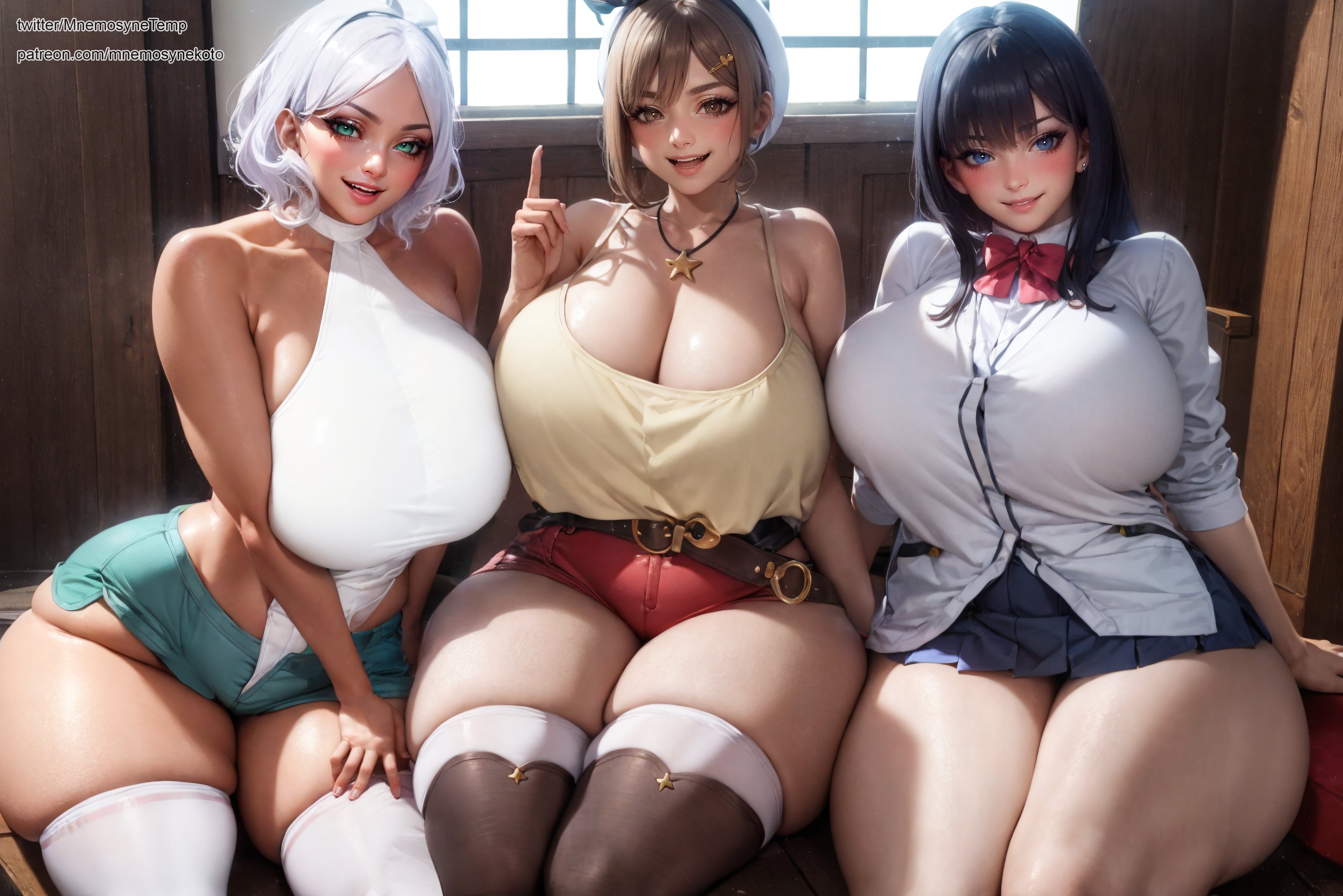 3girls, aged up, ai generated, atelier (series), atelier ryza, black hair, blue eyes, breasts, brown eyes, brown hair, crossover, female, female only, gundam, gundam suisei no majo, hi res, huge breasts, light skin, light-skinned female, long hair, massive breasts, mnemosynekoto, reisalin stout, secelia dote, short hair, ssss.gridman, takarada rikka, thick thighs, white hair, wide hips