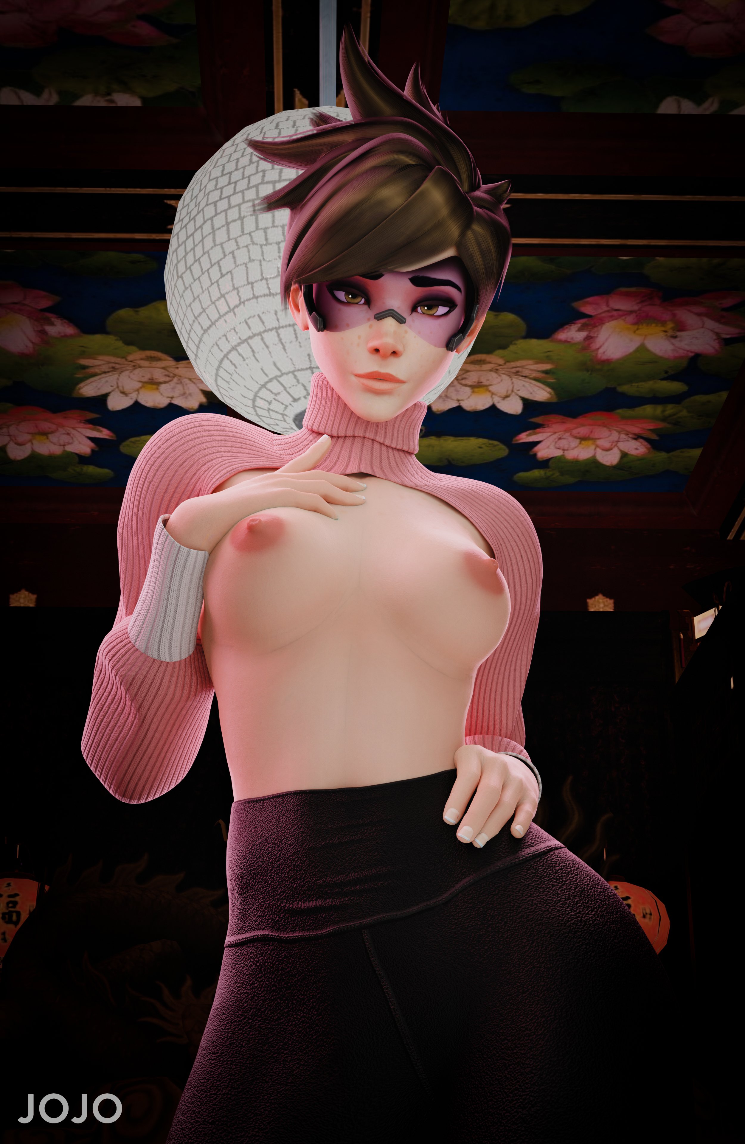1girls, 3d, alternate costume, blizzard entertainment, breasts, exposed breasts, female, hot pink tracer, jojo 3dart, lamp, looking at viewer, medium breasts, overwatch, overwatch 2, partially clothed, petite, purple-tinted eyewear, slim, solo, solo female, tinted eyewear, tracer, turtleneck, visor