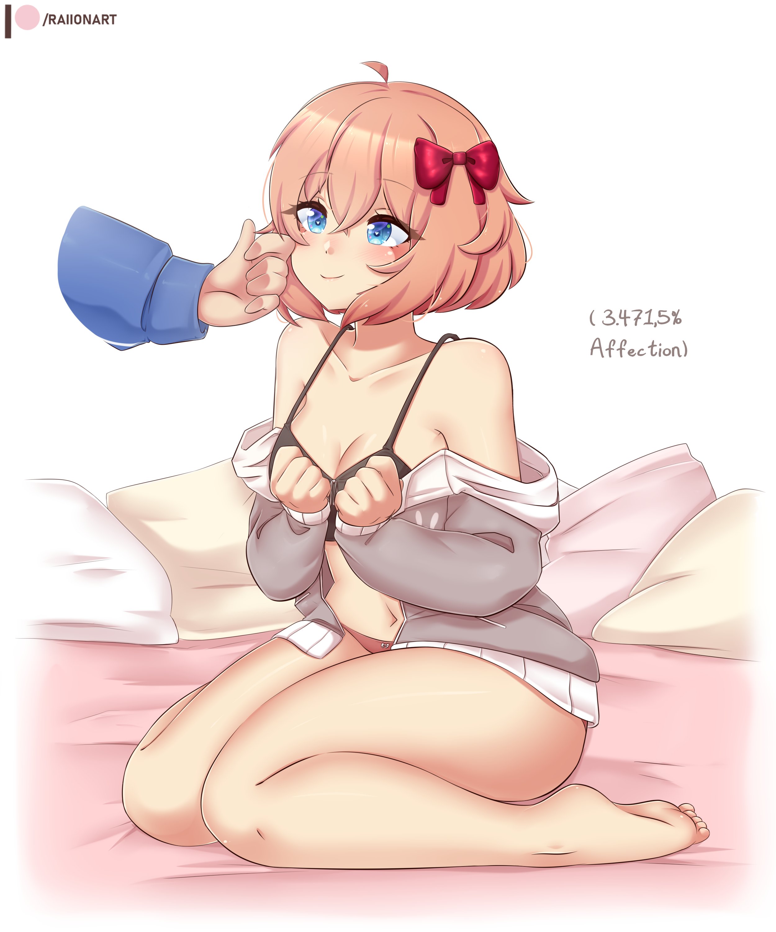 anon, ass, bare shoulders, barefoot, bed, belly button, blue eyes, bob cut, bra, brown hair, doki doki literature club, feet, female, hair ribbon, kneeling, open jacket, raionart, sayori (doki doki literature club), short hair, thick thighs, wholesome
