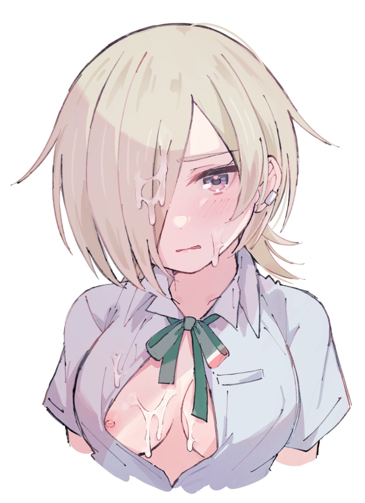 blonde_hair blush breasts button_gap collared_shirt commentary_request cropped_arms cropped_torso cum cum_on_body cum_on_breasts cum_on_hair earrings facial female green_ribbons hair_over_one_eye highres jewelry looking_at_viewer love_live! love_live!_nijigasaki_high_school_idol_club medium_breasts mia_taylor neck_ribbon nipples no_bra notyu_maru one_breast_out parted_lips partially_unbuttoned purple_eyes ribbon shirt short_hair short_sleeves solo striped striped_ribbon upper_body white_background white_shirt