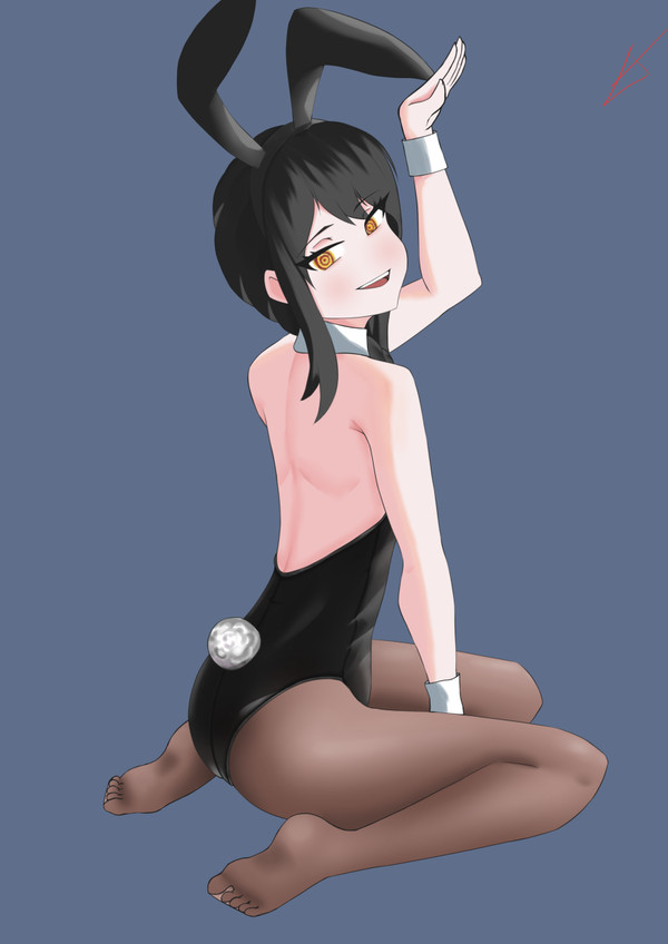 2023, ass, black hair, bunny ears, bunny girl, bunny tail, bunnysuit, chainsaw man, feet, female, female focus, female only, foot fetish, looking at viewer, looking back, nayuta (chainsaw man), orange eyes, pantyhose, pixiv, short hair, solid color background, srkoon, watermark