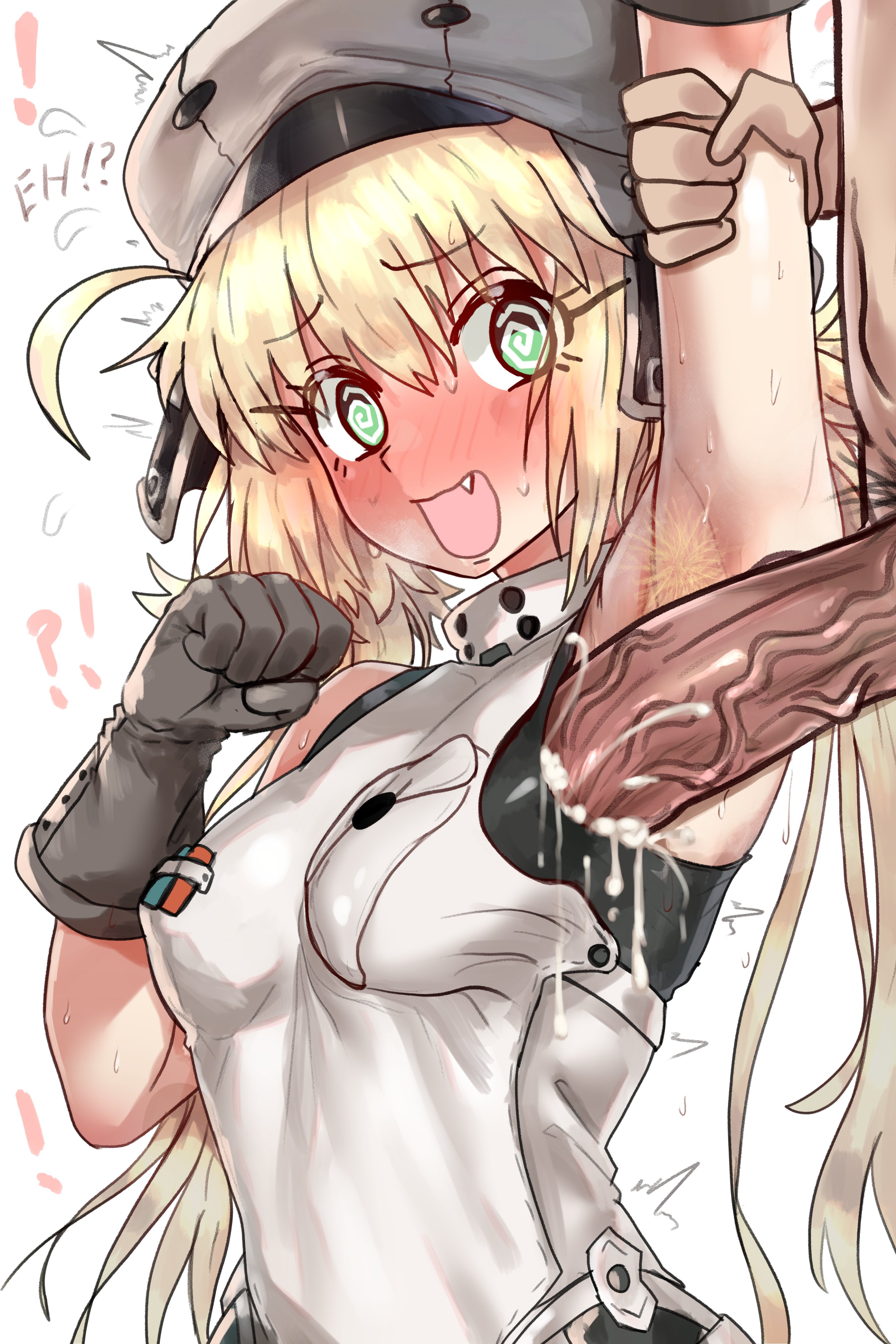 1boy, 1girls, armpit fetish, armpit hair, armpit sex, armpits, arms up, artoria caster (fate), artoria pendragon, artoria pendragon (caster), blonde hair, blush, breasts, clothed, cum, cum on armpit, cute fang, dark skin, dark-skinned male, disembodied penis, ebora, embarrassed, fate (series), fate/grand order, female, gloves, green eyes, hi res, light skin, light-skinned female, long hair, male, medium breasts, penis, penis under another's clothes, perky breasts, sleeveless, sweat, swirly eyes, twintails, uncensored, youngmanisdown