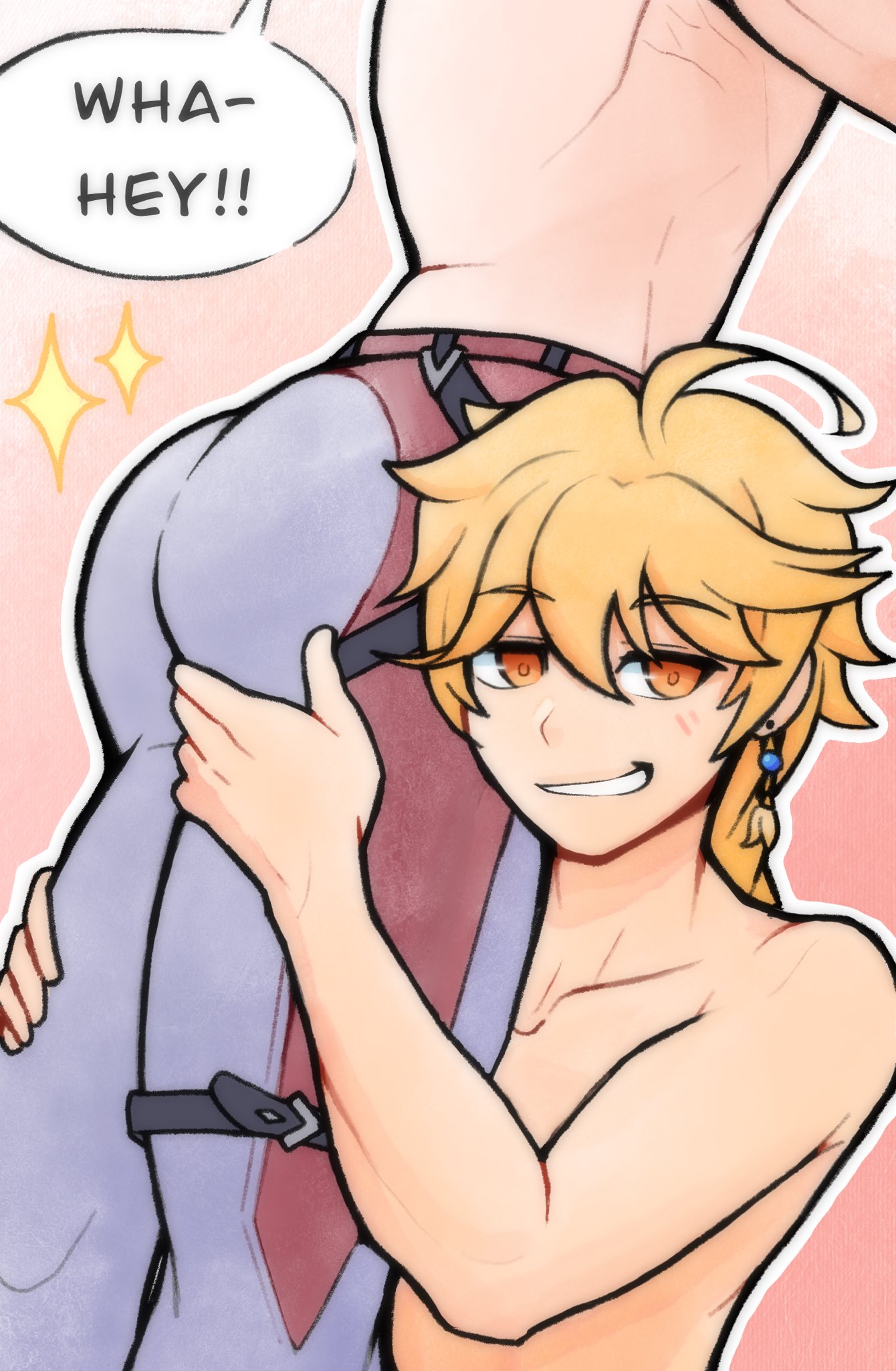 aether (genshin impact), ass, baraboi, big ass, big ass (male), big butt, big butt (male), bubble ass, bubble butt, cute, dialogue, earrings, gay, genshin impact, grabbing ass, grin, lifting person, male, male only, male/male, muscles, muscular, muscular male, pants, smile, smirk, sparkles, tight clothing, tight pants, wriothesley (genshin impact), yaoi