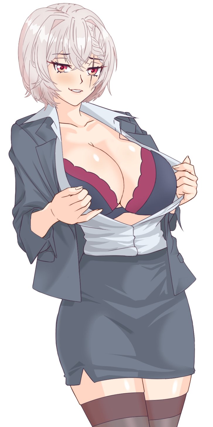 artist request, big breasts, breasts, female, grey hair, indie virtual youtuber, office clothing, office lady, pointy chin, red eyes, saruei (vtuber), skirt, tagme, tight skirt, tomboy, twitch, undressing, virtual youtuber, vtuber, white hair