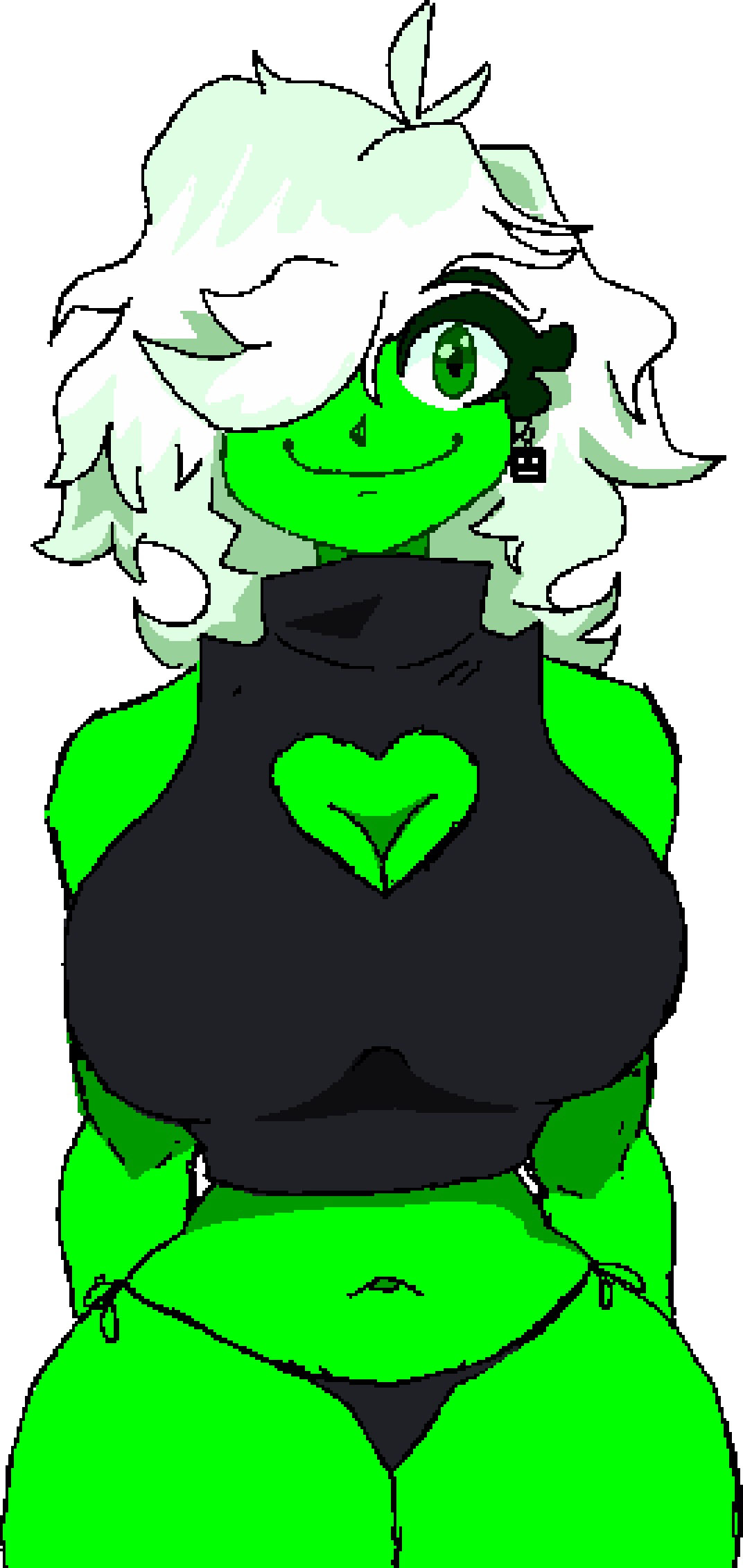 belly_button big_breasts boob_heart boob_window earrings geometry_dash green_eyes green_skin hair_over_one_eye happy huge_breasts lobotomy_(geometry_dash) normal_(geometry_dash) smile tagme thick_thighs thong_panties white_hair