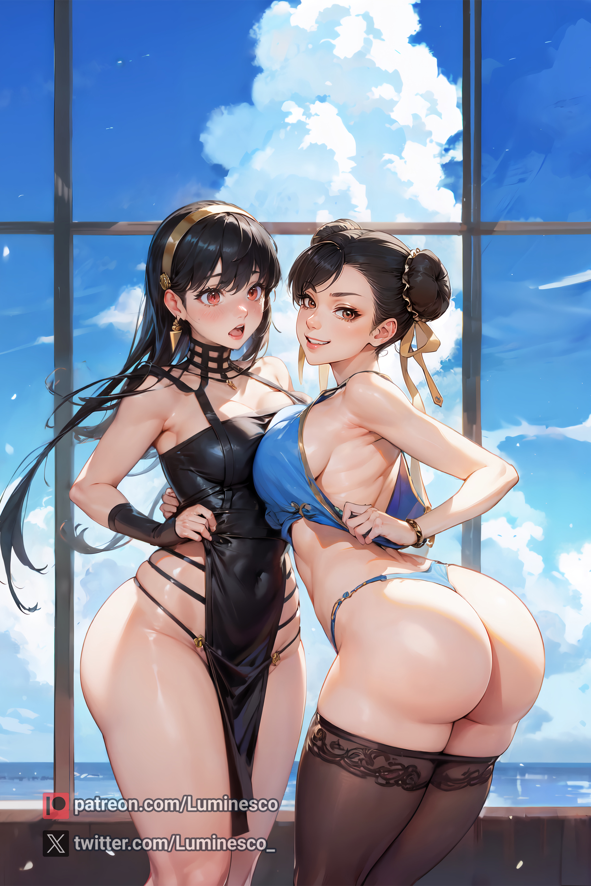 2girls, ai generated, ass, bangs, bare shoulders, bikini, black dress, black hair, blue bikini, blue sky, blush, bracelet, breast press, breasts, brown eyes, brown hair, bun cover, china dress, chinese clothes, chun-li, cleavage, cloud, collarbone, covered navel, crossover, day, double bun, dress, earrings, female, female only, front-tie top, gold hairband, hair bun, hair ornament, hairband, human, jewelry, large breasts, long hair, looking at viewer, multiple females, multiple girls, ocean, open mouth, panties, pelvic curtain, red eyes, ribbon, skindentation, sky, sleeveless, smile, spikes, spy x family, standing, street fighter, street fighter 6, swimsuit, teeth, thick thighs, thighhighs, thighs, thong, underwear, window, yor briar