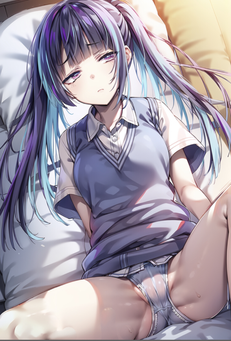 1girls ai_generated arms_behind_back black_hair blue_highlights classroom_of_the_elite female grey_sweater_vest himeno_yuki_(cote) laying_on_back legs_apart long_hair no_skirt purple_eyes pussy_outline school_uniform schoolgirl see-through_panties showing_panties spread_legs spreading uncensored wet_panties white_panties white_shirt wsax youkoso_jitsuryoku_shijou_shugi_no_kyoushitsu_e