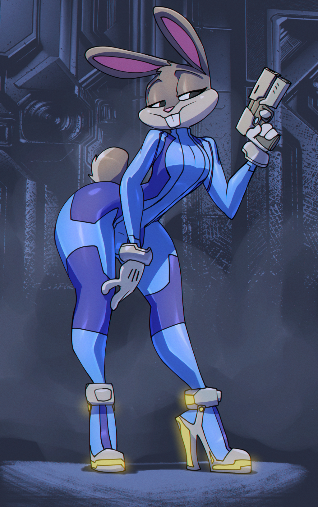 1boy anthro bigdad bodysuit bugs_bunny crossdressing femboy femboy_bunny furry girly gun high_heels latex latex_suit looney_tunes male male_only metroid nintendo samus_aran_(cosplay) solo thick_ass thick_thighs trap warner_brothers zero_suit