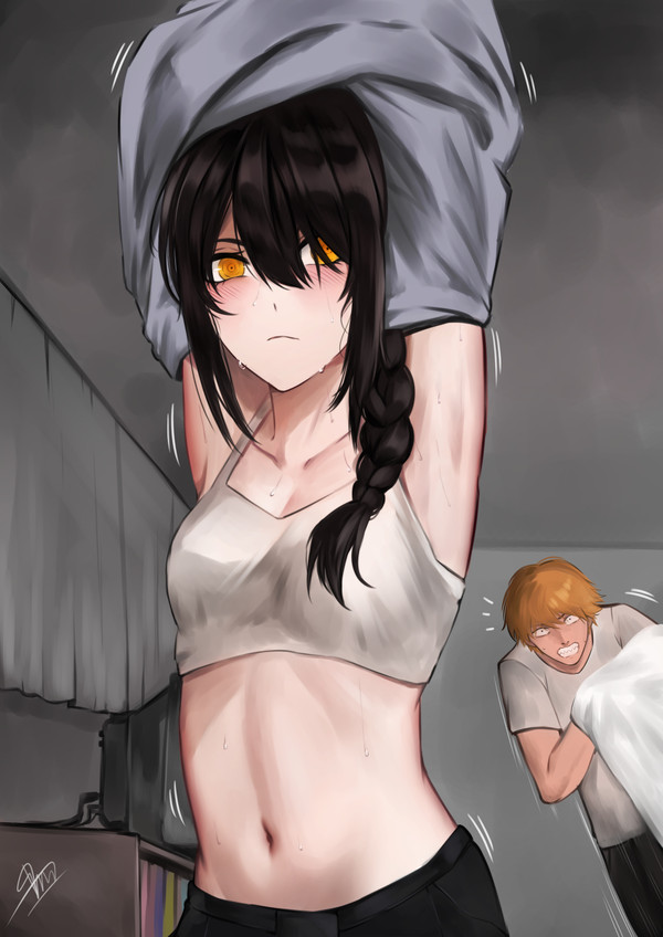 2023, armpits, asarizer, blush, blush lines, blushing at viewer, bra, braid, braided hair, chainsaw man, denji (chainsaw man), female, funny background event, looking at viewer, motion lines, nayuta (chainsaw man), removing clothing, startled, sweaty, sweaty body, taking clothes off, toned, toned female, toned stomach, watermark