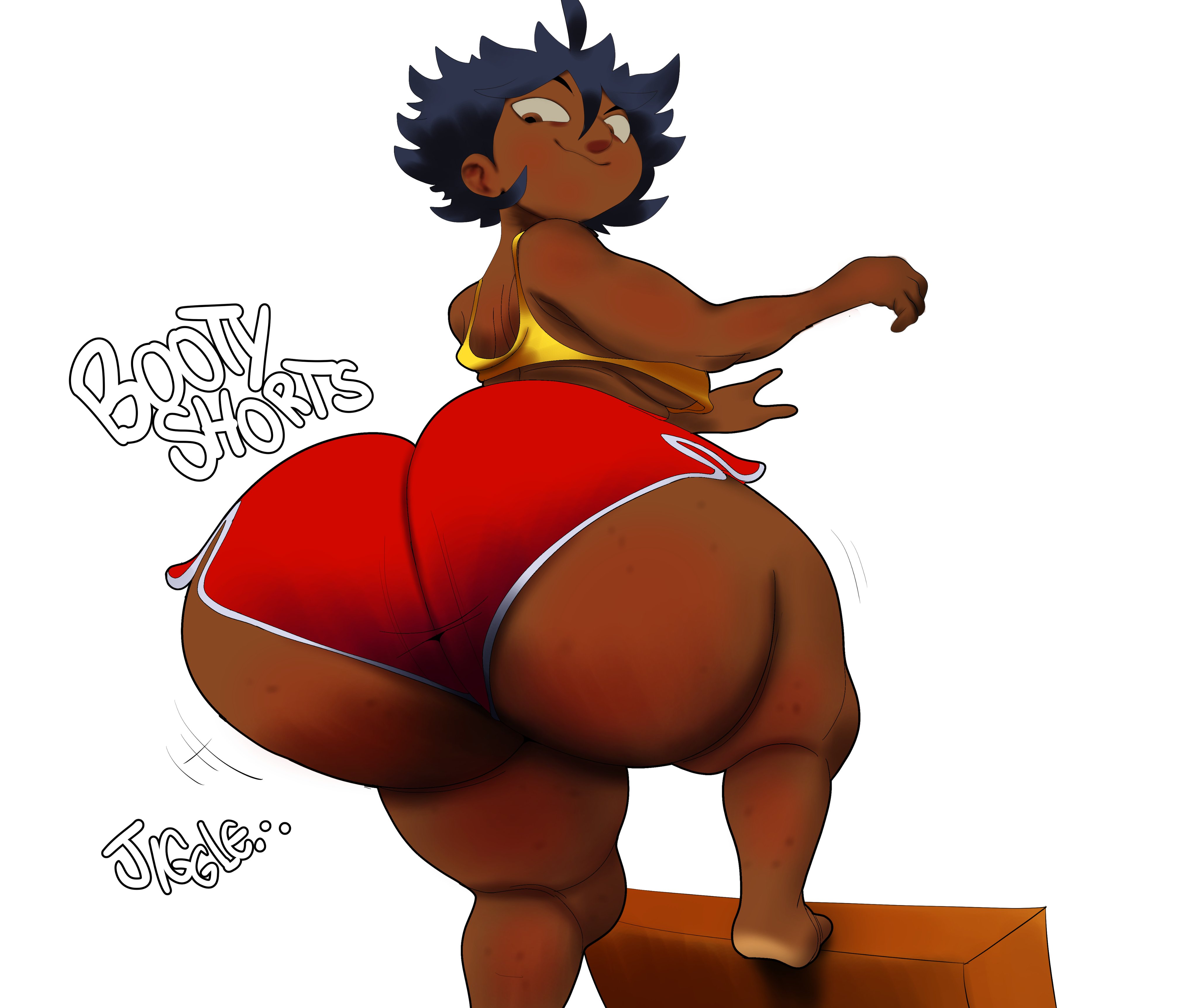1girls, ass, ass bigger than head, ass crack, ass shake, barrybbeesly, big ass, big hips, bottom heavy, butt crack, dark skin, dark-skinned female, dolphin shorts, fat ass, fat thighs, female, huge ass, indian, indian female, jiggle, jiggling, jiggling ass, jiggling butt, large ass, looking at ass, looking at self, looking back, looking back at ass, looking back at self, original, original character, pannom (barrybbeesly), red shorts, shaking, shaking butt, short hair, shorts, tank top, tanktop, thick, thick ass, thick hips, thick legs, thick thighs, thighs, twerking