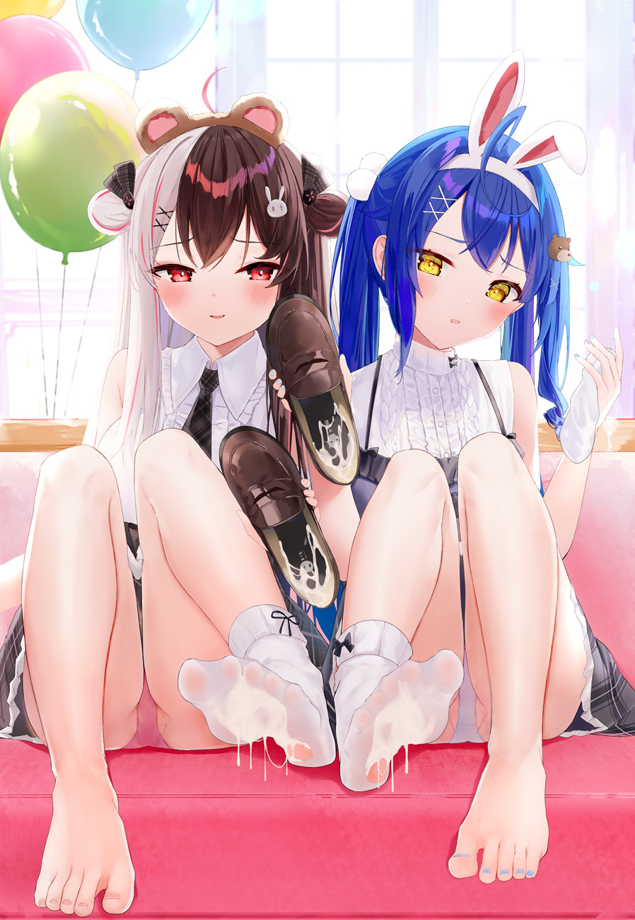 2girls ahoge amamiya_kokoro animal_ears balloon barefoot bear_ears black_necktie blue_hair blue_nails blurry blurry_background blush brown_footwear brown_hair collared_shirt couch crossed_bangs cum cum_in_footwear cum_in_shoe cum_on_body cum_on_clothes cum_on_feet cum_on_shoes cum_on_socks cumdrip double-parted_bangs eyelashes fake_animal_ears feet footwear_fetish full_body grey_hair grey_skirt hair_ornament hands_up highres holding holding_shoes knees_together_feet_apart knees_up kou_futoshi legs loafers long_hair looking_at_viewer miniskirt multicolored_hair multiple_girls nail_polish necktie nijisanji no_shoes on_couch open_mouth paid_reward_available panties partially_visible_vulva pink_hair pink_nails pink_panties plaid plaid_skirt rabbit_ears red_eyes shirt shoes single_sock sitting skirt socks soles spread_toes streaked_hair thighs toenail_polish toenails toes torn_clothes torn_socks twintails two-tone_hair two_side_up underwear unworn_shoes unworn_socks virtual_youtuber white_shirt white_socks window x_hair_ornament yellow_eyes yorumi_rena