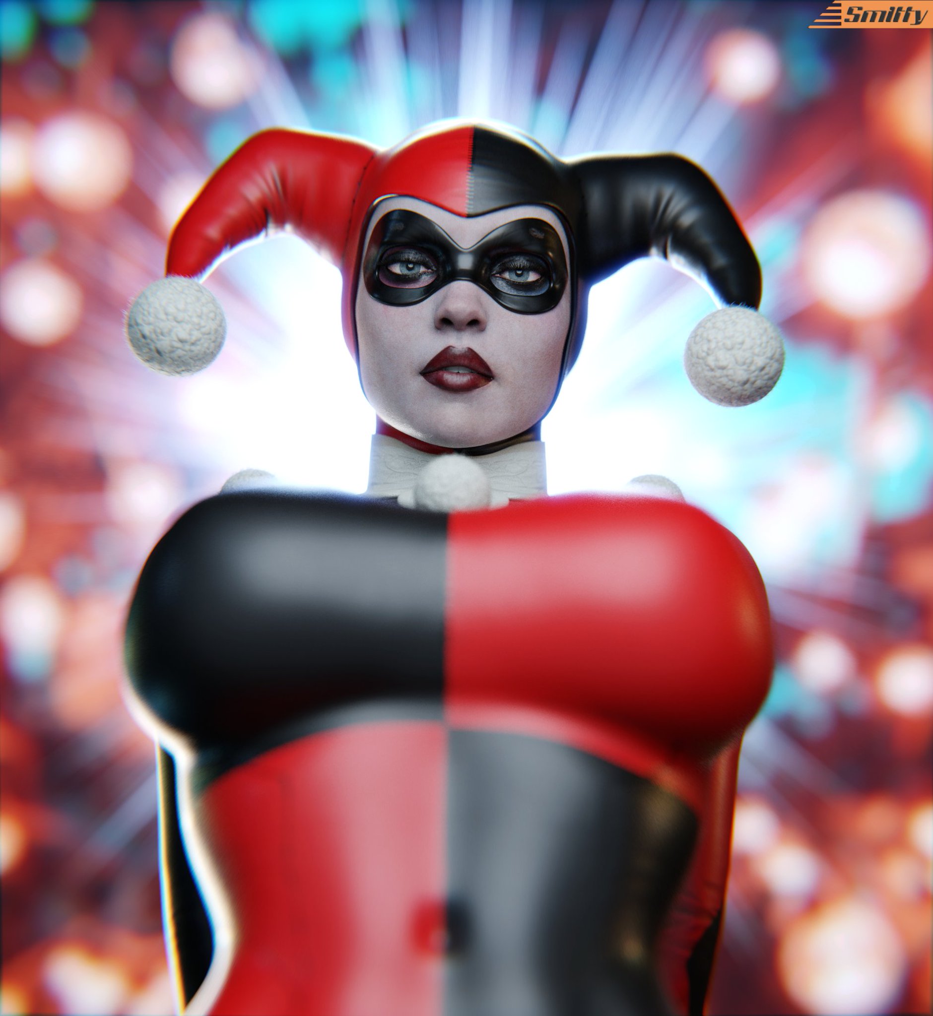 1girls, 3d, 3d (artwork), batman (series), batman: arkham knight, big breasts, blue eyes, bodysuit, breasts, clown, clown girl, curvaceous, curvy, curvy figure, dc, dc comics, eye mask, female, female only, fully clothed, harley quinn, harley quinn (classic), harley quinn (injustice), hourglass figure, injustice 2, jester, jester cap, jester costume, jester girl, jester hat, jester outfit, lips, slim waist, smitty34, solo, upper body, villain, villainess