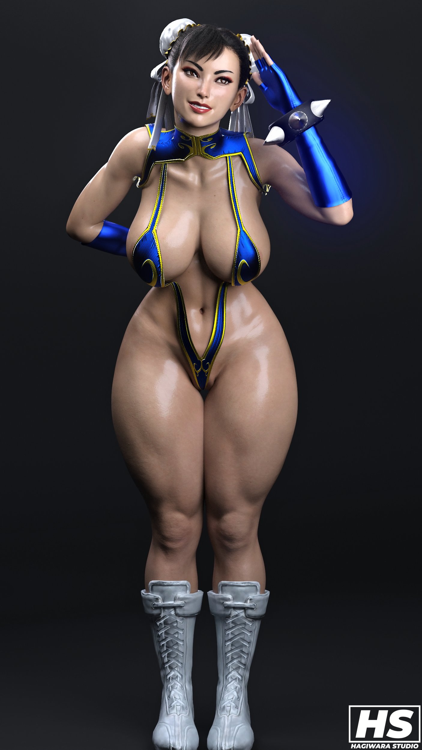 1girls, 3d, ass, big ass, big breasts, bikini, breasts, capcom, chun-li, female, female only, front view, hagiwara studio, hair bun, hair buns, looking at viewer, sling bikini, slingshot swimsuit, solo, street fighter, street fighter 6, thick thighs, thunder thighs, wide hips
