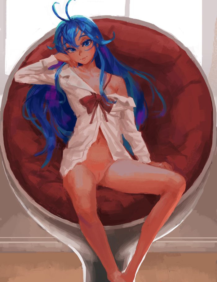 antenna_hair barefoot blue_eyes blue_hair bottomless chair denpa_onna_to_seishun_otoko doyora egg_chair female flat_chest lips long_hair looking_at_viewer medical_whiskey naked_shirt no_panties off_shoulder pussy shirt sitting smile solo touwa_erio uncensored