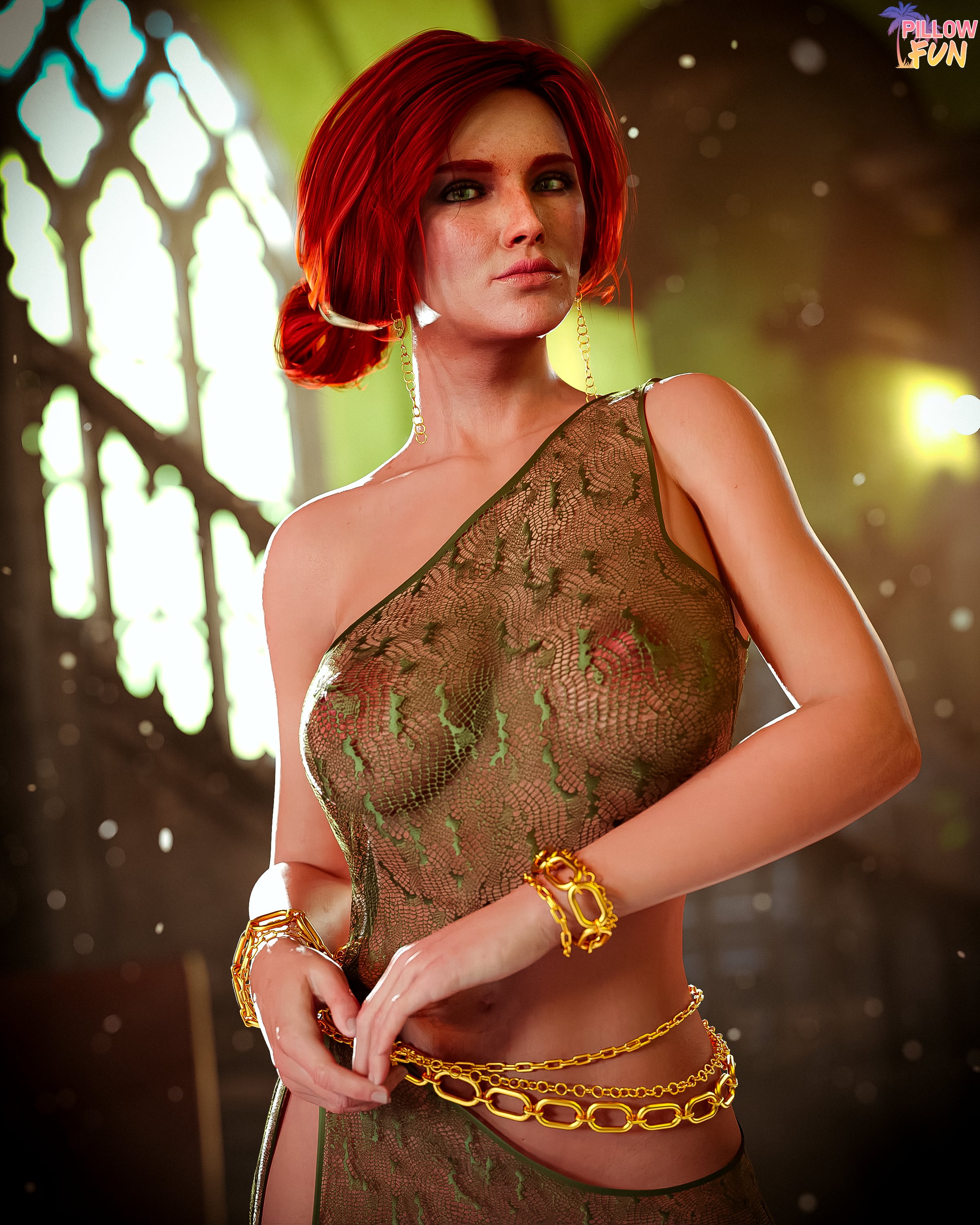 3d, breasts, clothing, female, nipples, pillowfun, red hair, solo, the witcher (series), the witcher 3: wild hunt, transparent clothing, triss merigold
