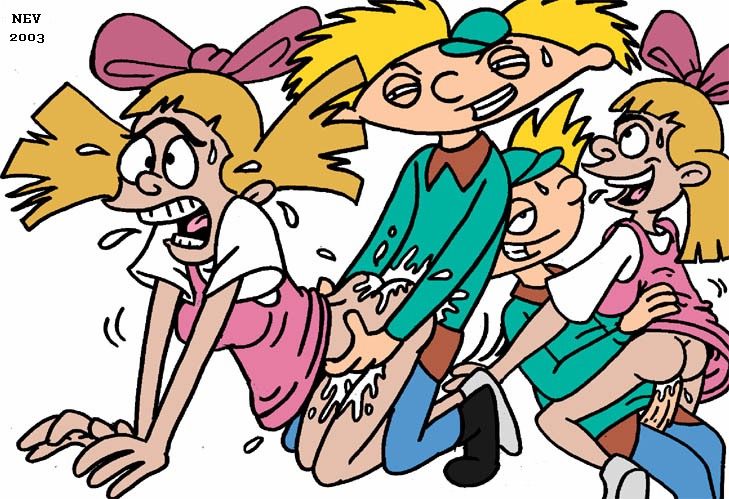 1boy 1girls 2003 arnold_shortman blonde_hair bottomless cum_on_lower_body dress female helga_pataki hey_arnold! male nev nickelodeon no_panties penis