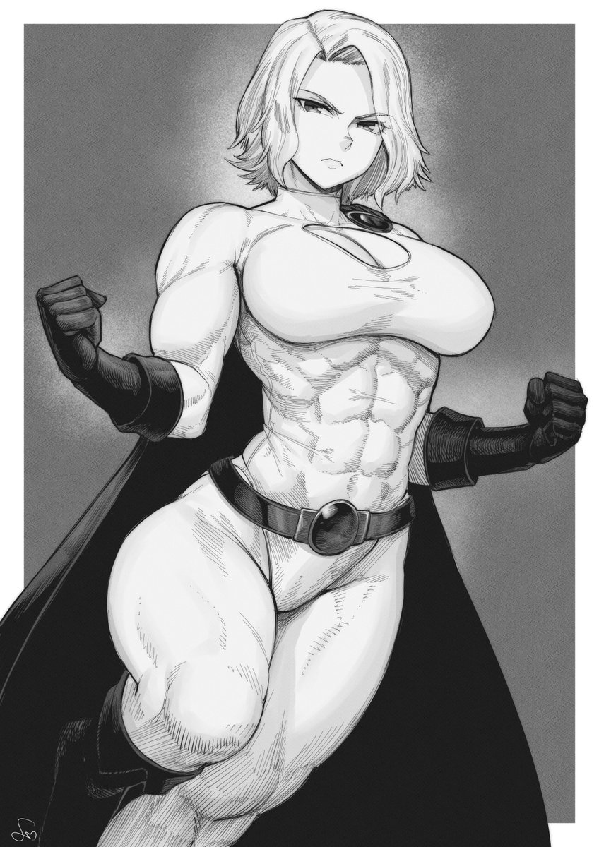 1girls, abs, big breasts, black and white, blonde hair, breasts, cape, clothed, clothing, dc, dc comics, female, female focus, female only, gloves, large breasts, looking at viewer, muscular, muscular female, muscular legs, power girl, short hair, signature, solo, solo female, speedl00ver, superheroine, superman (series), thick thighs