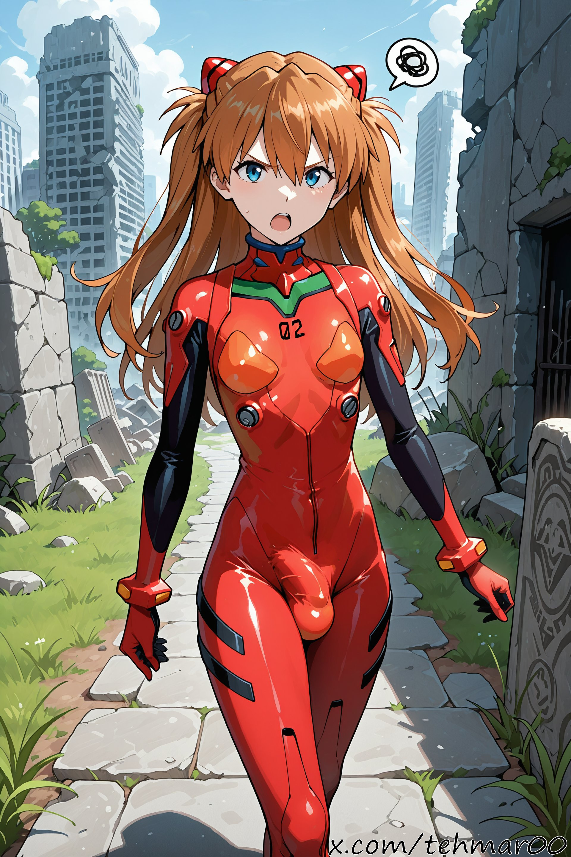 1boy, ai generated, annoyed, asuka langley sohryu, blue eyes, bodysuit, bulge, femboy, genderswap (ftm), long hair, looking at viewer, male, male asuka, neon genesis evangelion, open mouth, outdoors, penis, penis bulge, plugsuit, plugsuit (evangelion), pov, red hair, ruins, rule 63, solo, tagme, tehmar, trans woman, transfem, trap, twintails, walking