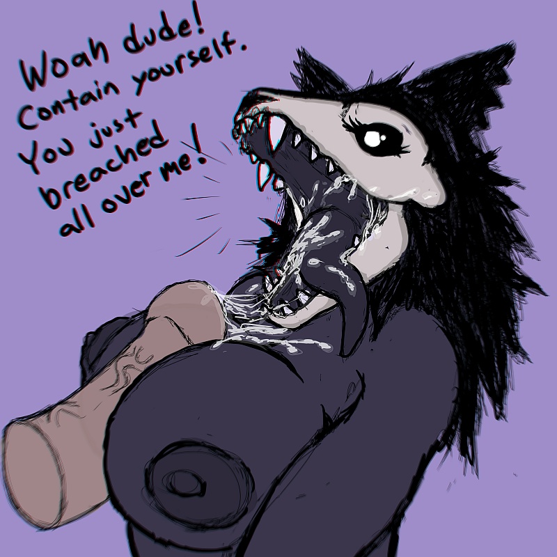 anthro athletic_female big_breasts black_fur breasts canine cum cum_in_mouth cum_inside cum_on_breasts cum_on_chest cum_on_face cum_on_tongue dialogue disembodied_penis duo english_text facial female fur furry hair human human_penetrating light-skinned_male male male/female male_human/female_anthro male_human/female_monster mammal monster monster_girl nipples nude open_mouth paizuri penis scp-1471 scp_foundation simple_background text titfuck tongue tongue_out zevex