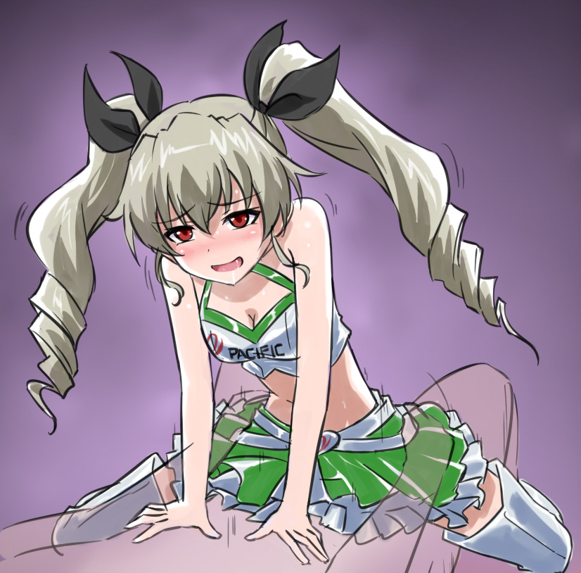 1boy anchovy blush clothed_sex cowgirl_position female girls_und_panzer grabbing happy_sex long_hair moaning motion_lines open_mouth red_eyes ribimura saliva sex shiny sitting skirt smile solo straddling straight sweat twintails