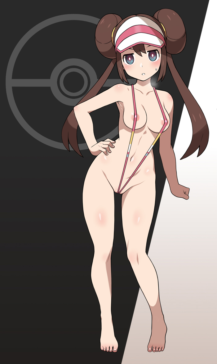 1girls, bikini, blue eyes, breasts, brown hair, cleavage, feet, female, female only, glowing eyes, heavy breathing, looking at viewer, nintendo, nt00, pokemon, pokemon bw2, rosa (pokemon), sling bikini, solo focus, teenage girl, wide hips
