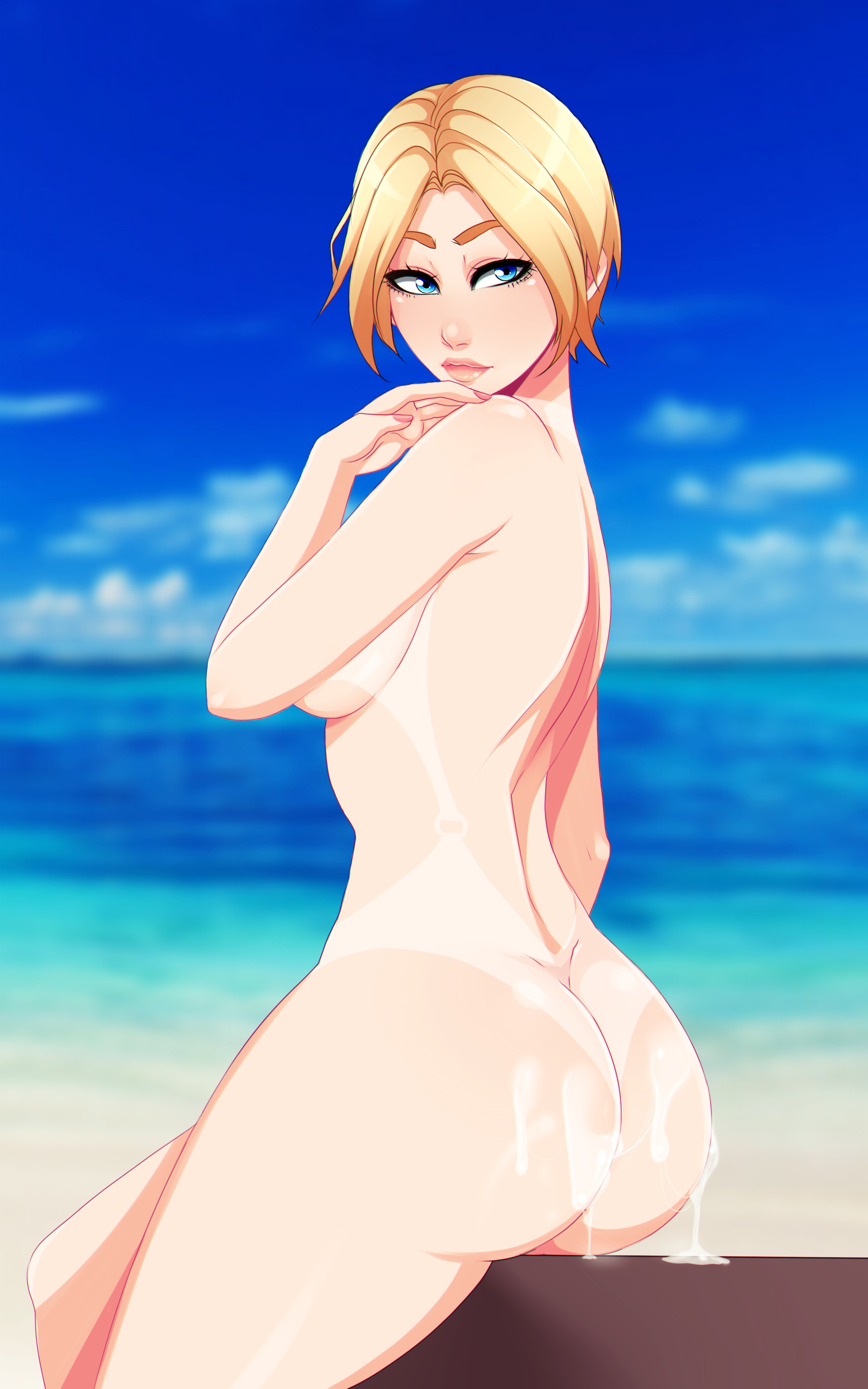 1girls, ass, beach, blonde hair, blue eyes, breasts, cum on ass, female, female only, iq (rainbow six), law-zilla, looking over shoulder, rainbow six, rainbow six siege, solo, tagme, tanline, tom clancy