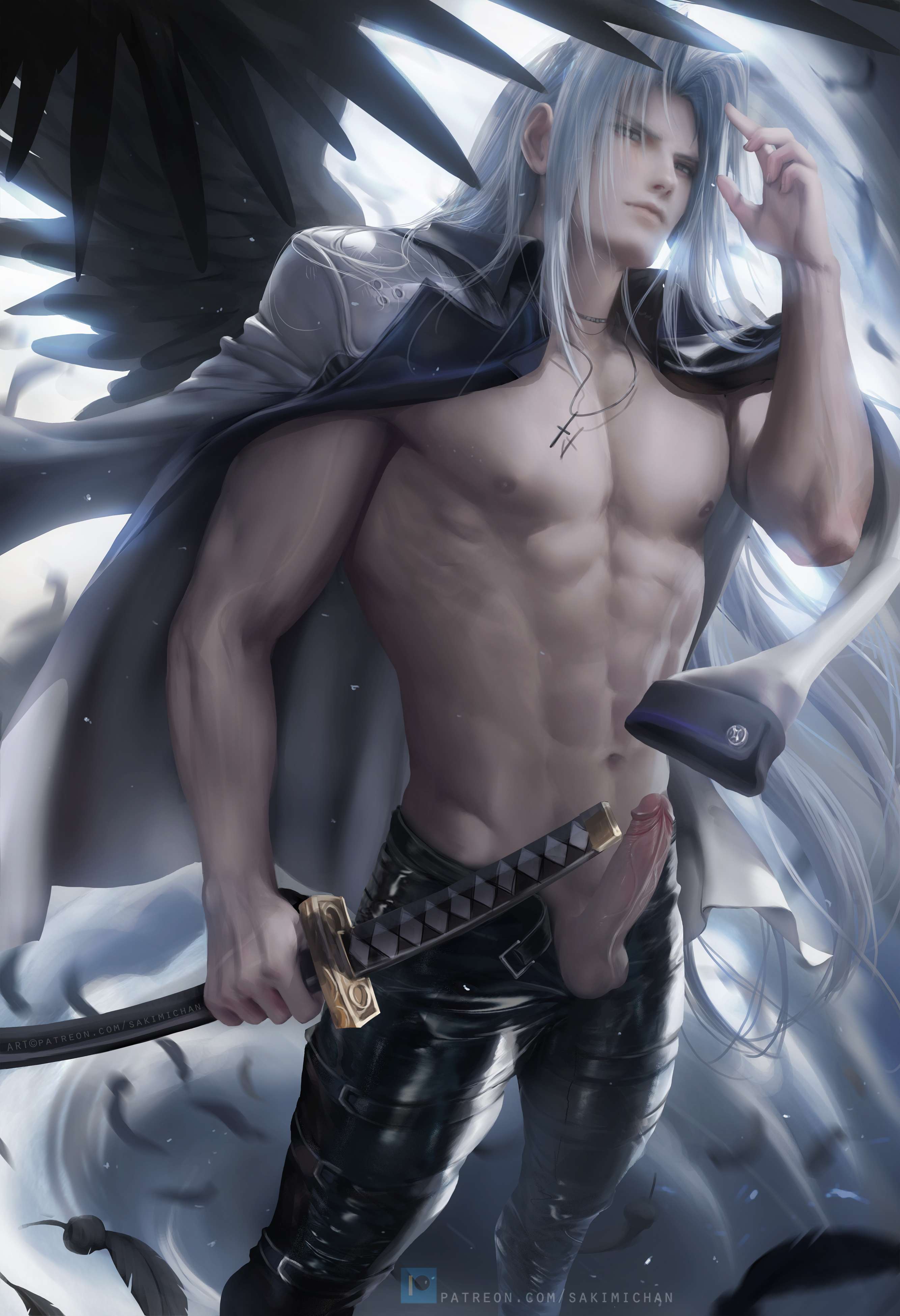 1boy, angel wings, erection, final fantasy, final fantasy vii, long hair, male, male focus, male only, necklace, penis, sakimichan, sephiroth, solo, uncensored, white hair