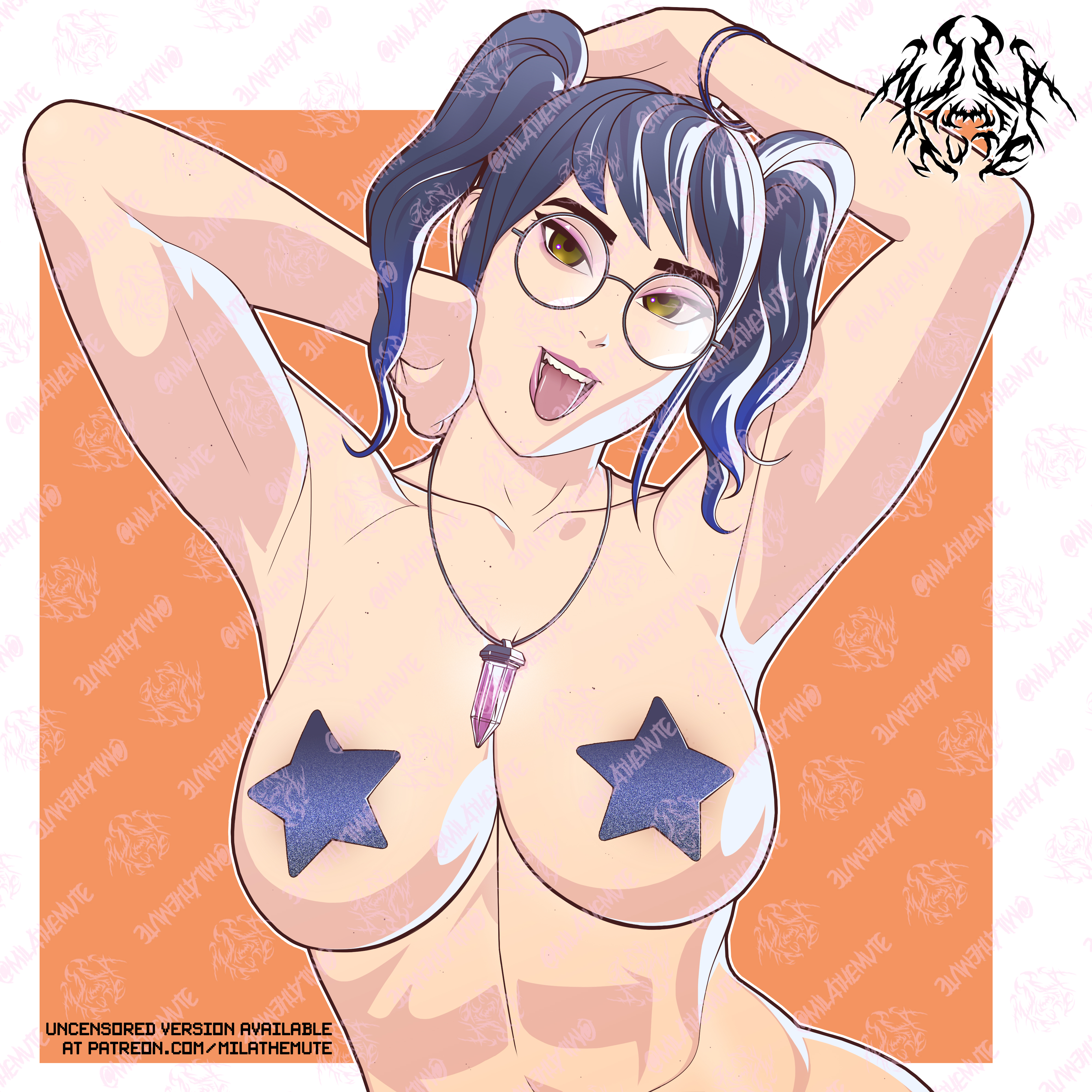 1girls, breasts, crystal (fortnite), epic games, female, female only, fortnite, fortnite: battle royale, glasses, looking at viewer, mila the mute, necklace, open mouth, pasties, pigtails, solo, star pasties, tagme, tongue, tongue out