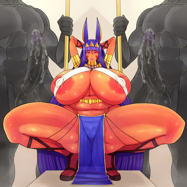 2boys animal_ears arms_behind_head breasts busty curvy dark_skin fate/grand_order fate_(series) gigantic_breasts huge_areolae huge_cock legs loincloth muscle nipples nitocris_(fate/grand_order) open_toe_shoes penis plump spread_legs squat squatting thick_thighs thighs tokyokyoto venus_body voluptuous