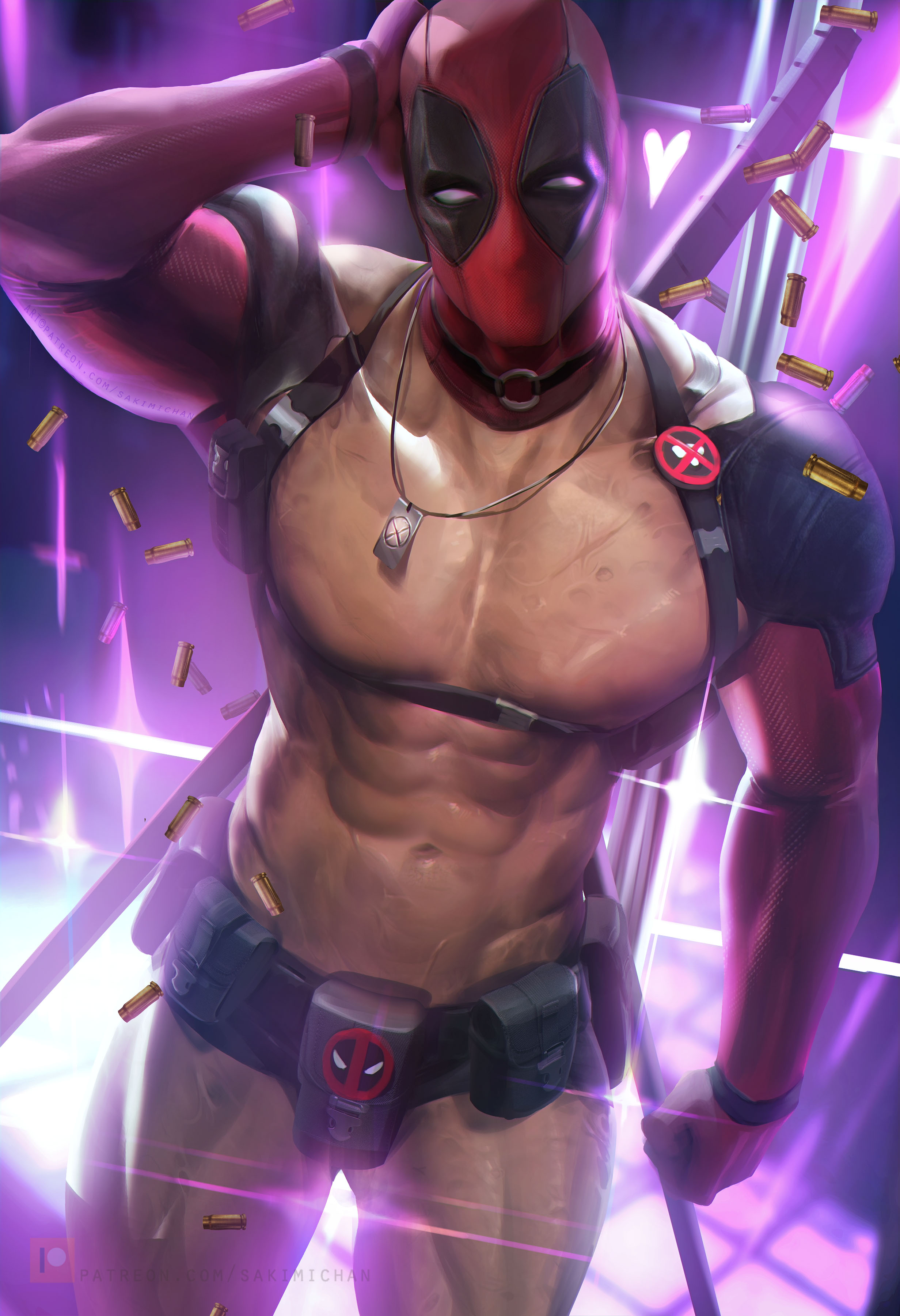 1boy, bara, bullets, choker, deadpool, kill la kill, lens flare, male, male focus, male only, male stripper, marvel, marvel comics, mostly nude, muscular, muscular male, nudist beach uniform, partially nude, sakimichan, solo, thong, uncensored, wade wilson, yaoi