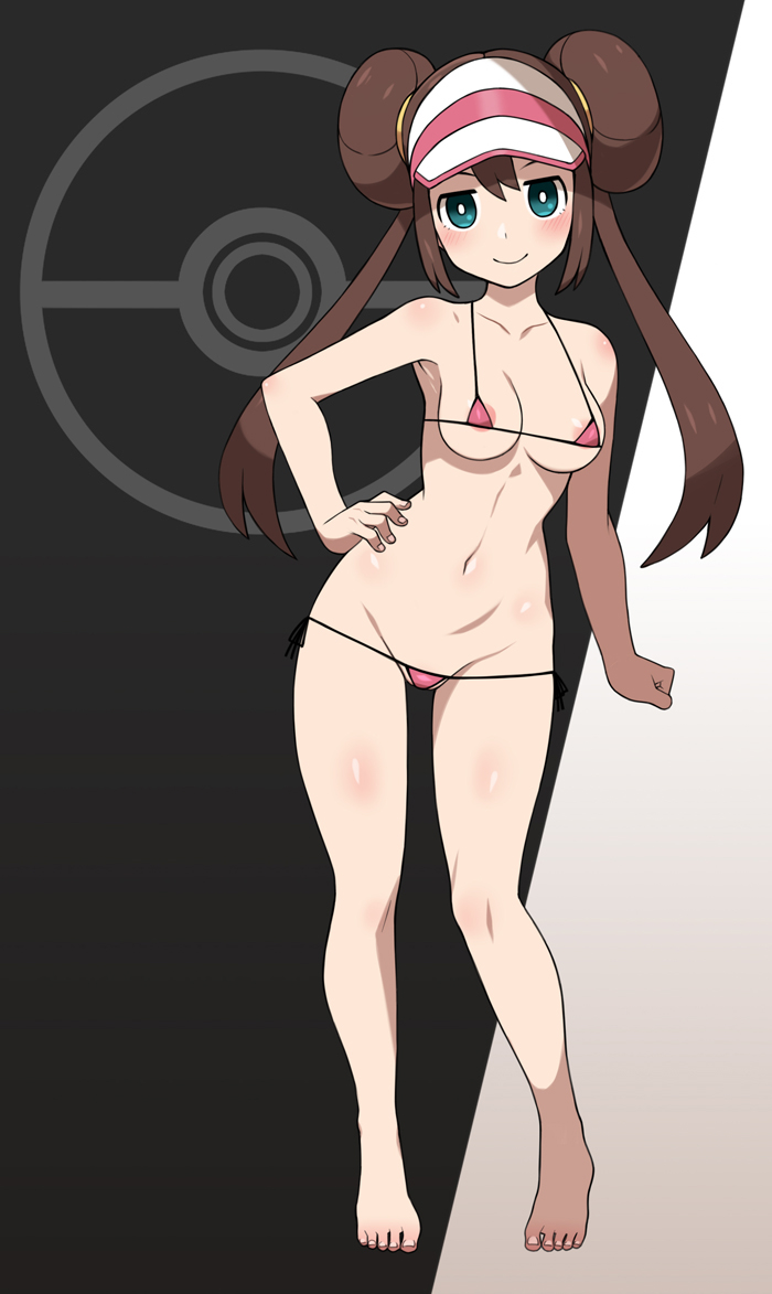 1girls, abs, bikini, blue eyes, breasts, brown hair, cleavage, feet, female, female only, looking at viewer, nt00, pokemon, pokemon bw2, rosa (pokemon), solo focus, wide hips