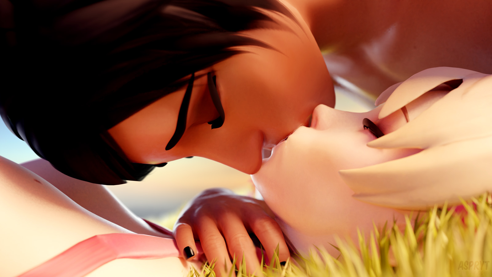 2girls, 3d, blender, blizzard entertainment, dark skin, dark-skinned female, female, female only, interracial, kissing, mercy, overwatch, pharah, romantic, strapy, wholesome, yuri