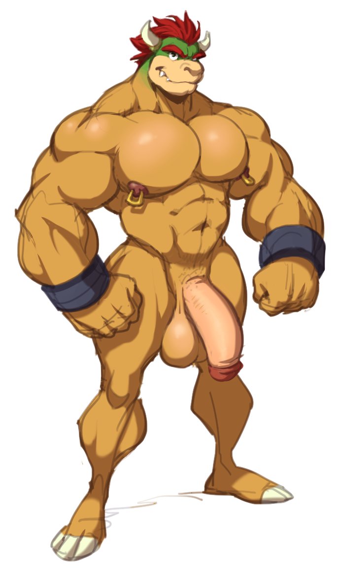 abs analon_(artist) anthro balls bara biceps big_balls big_muscles big_penis bowser flaccid hair horn humanoid_penis koopa looking_at_viewer male male_only manly mario_(series) muscular muscular_male nintendo nipple_piercing nipples nude pecs penis piercing red_hair scalie simple_background solo standing toomanyboners video_games white_background yellow_skin