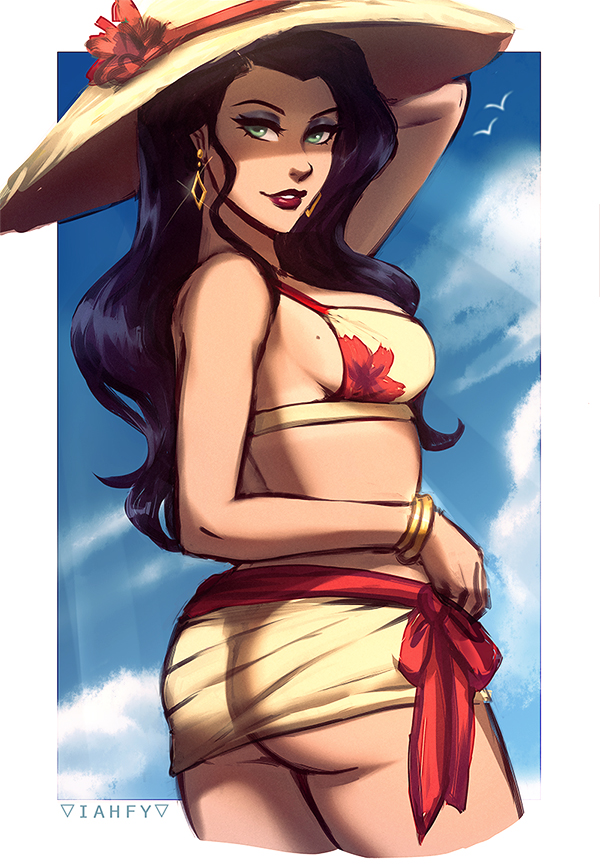 asami sato, ass, avatar the last airbender, breasts, cleavage, female, female only, iahfy, k-y-h-u, looking at viewer, looking back, medium breasts, solo, swimsuit, the legend of korra