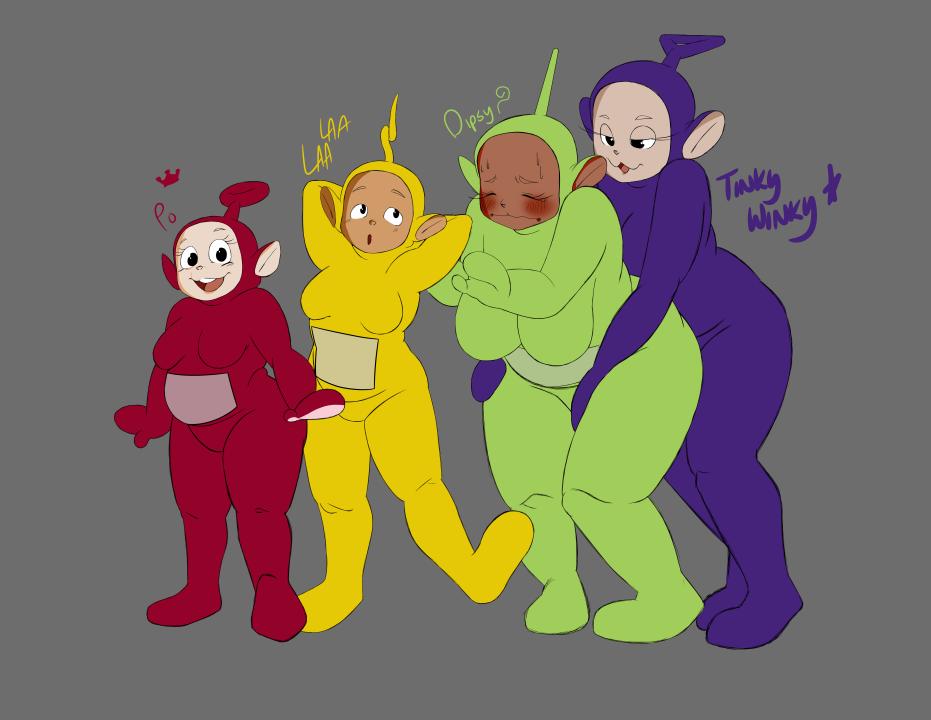 4girls blush breasts closed_eyes dipsy female female_only genderswap_(mtf) group laa-laa mr._nsfw multiple_girls no_nipples open_mouth po_(teletubbies) sex simple_background size_difference smile teletubbies the_main_teletubbies_cast tinky_winky yuri