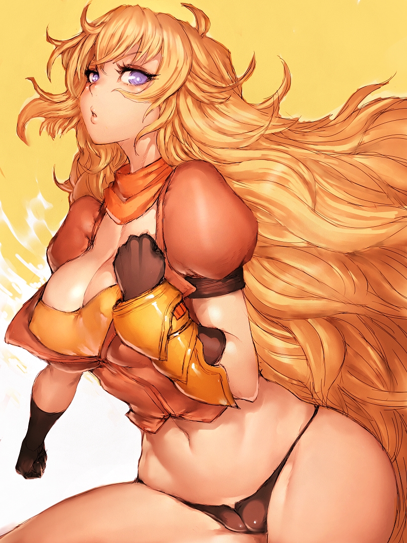 big breasts, blonde hair, breasts, cameltoe, cleavage, female, female only, fumio (rsqkr), large breasts, looking at viewer, panties, pussy, rwby, solo, yang xiao long
